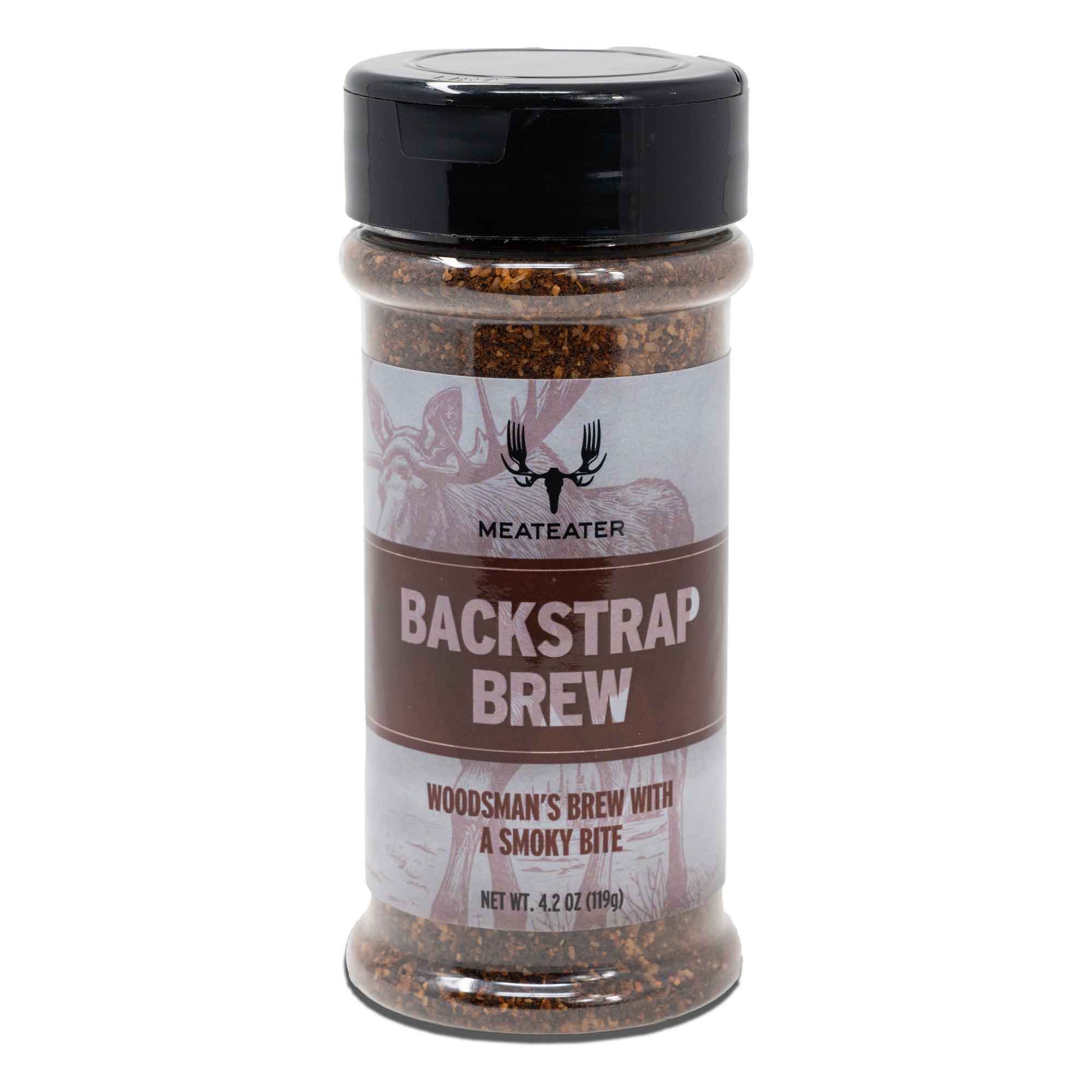 Spice jar labeled 'Backstrap Brew' by Meateater on a white background