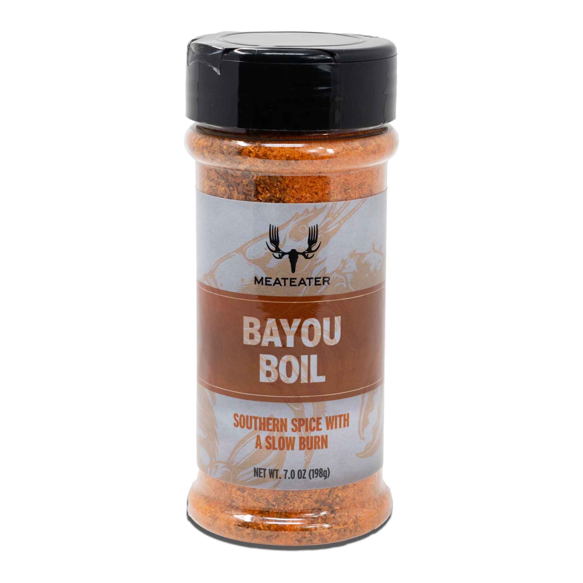 Bottle of Meateater Bayou Boil seasoning on a white background