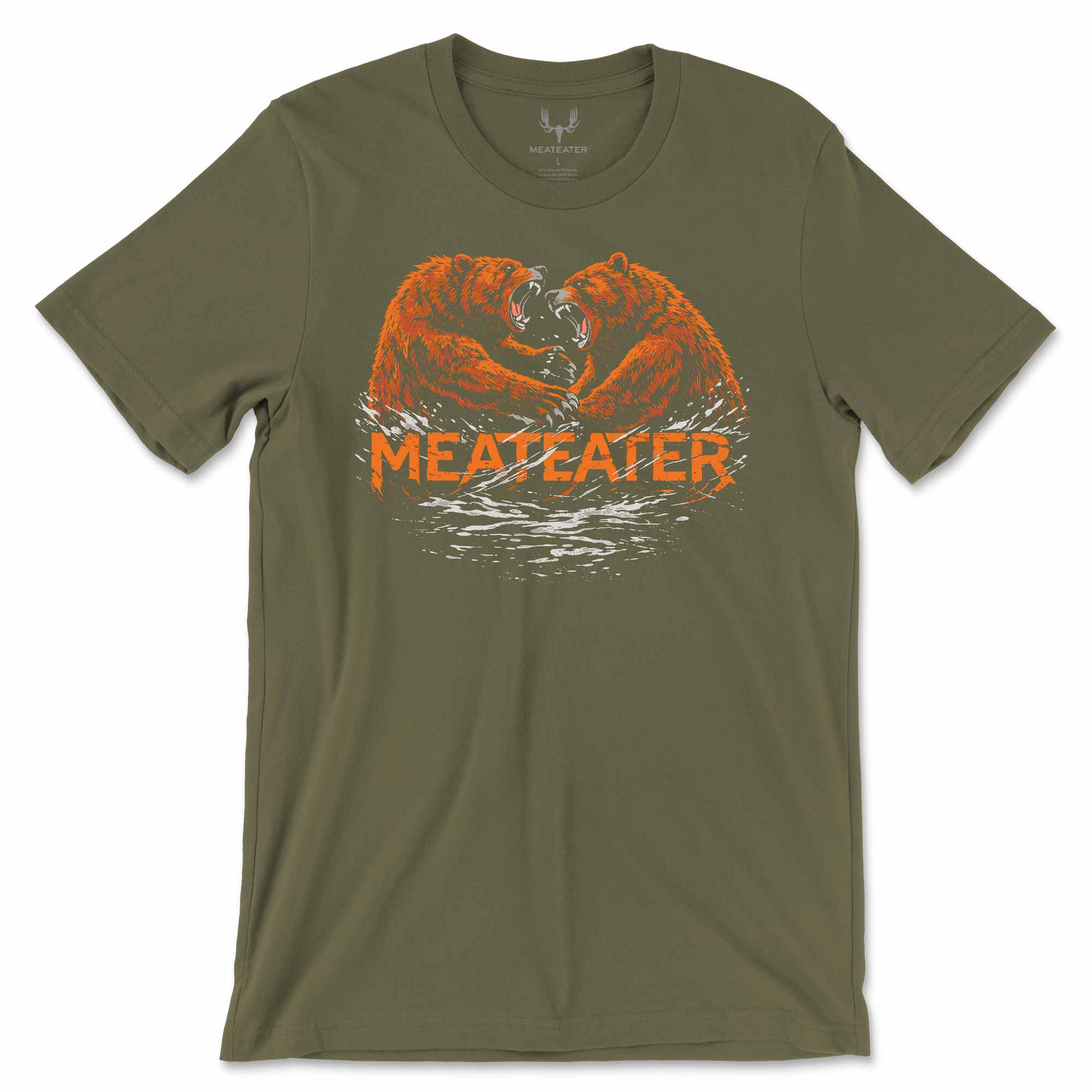 Olive green t-shirt with orange bear graphic and 'MEATEATER' text on a white background