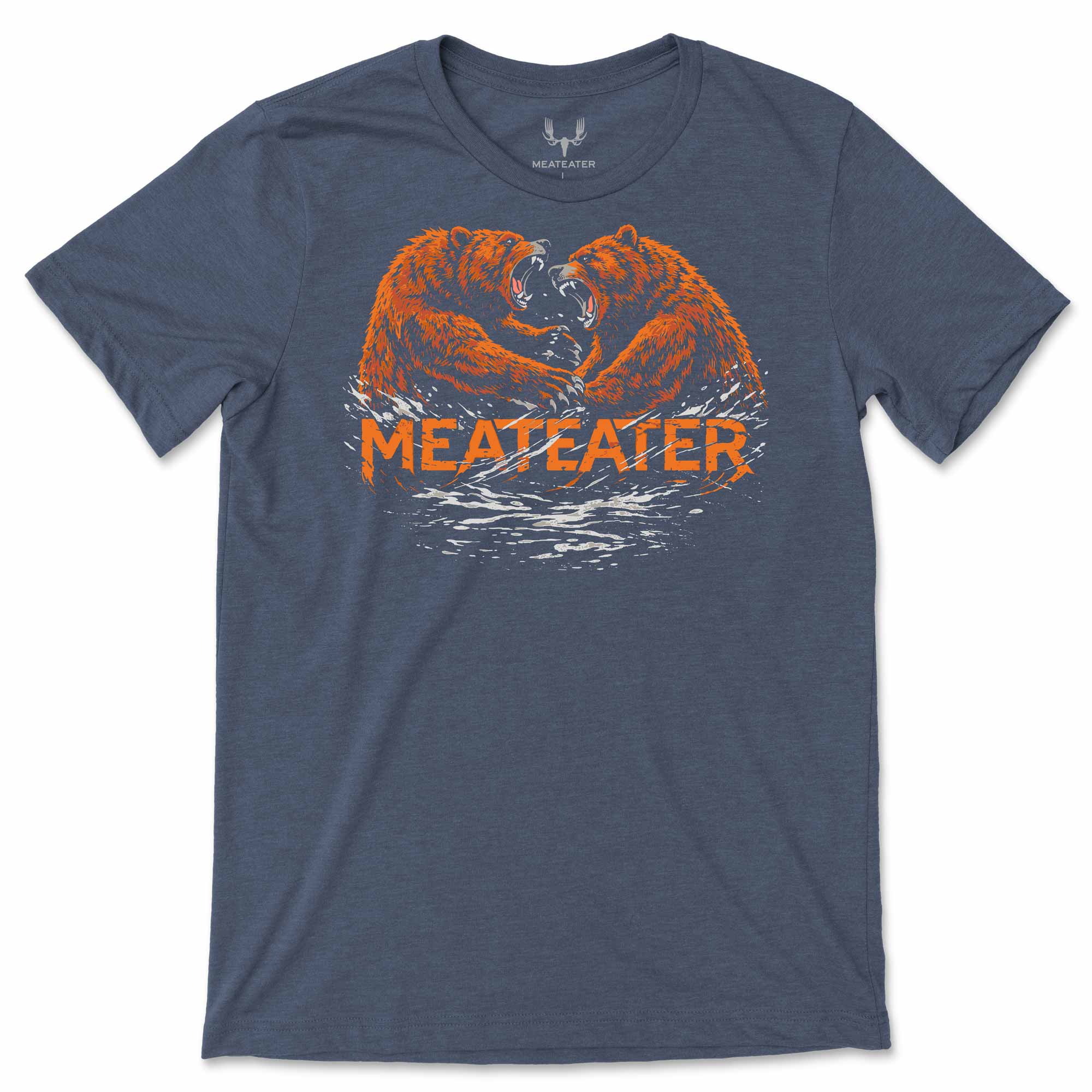 Blue t-shirt with orange bear graphic and 'Meateater' text on a white background