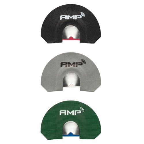 Three black, grey, and green AMP elk mouth calls with metal reeds.