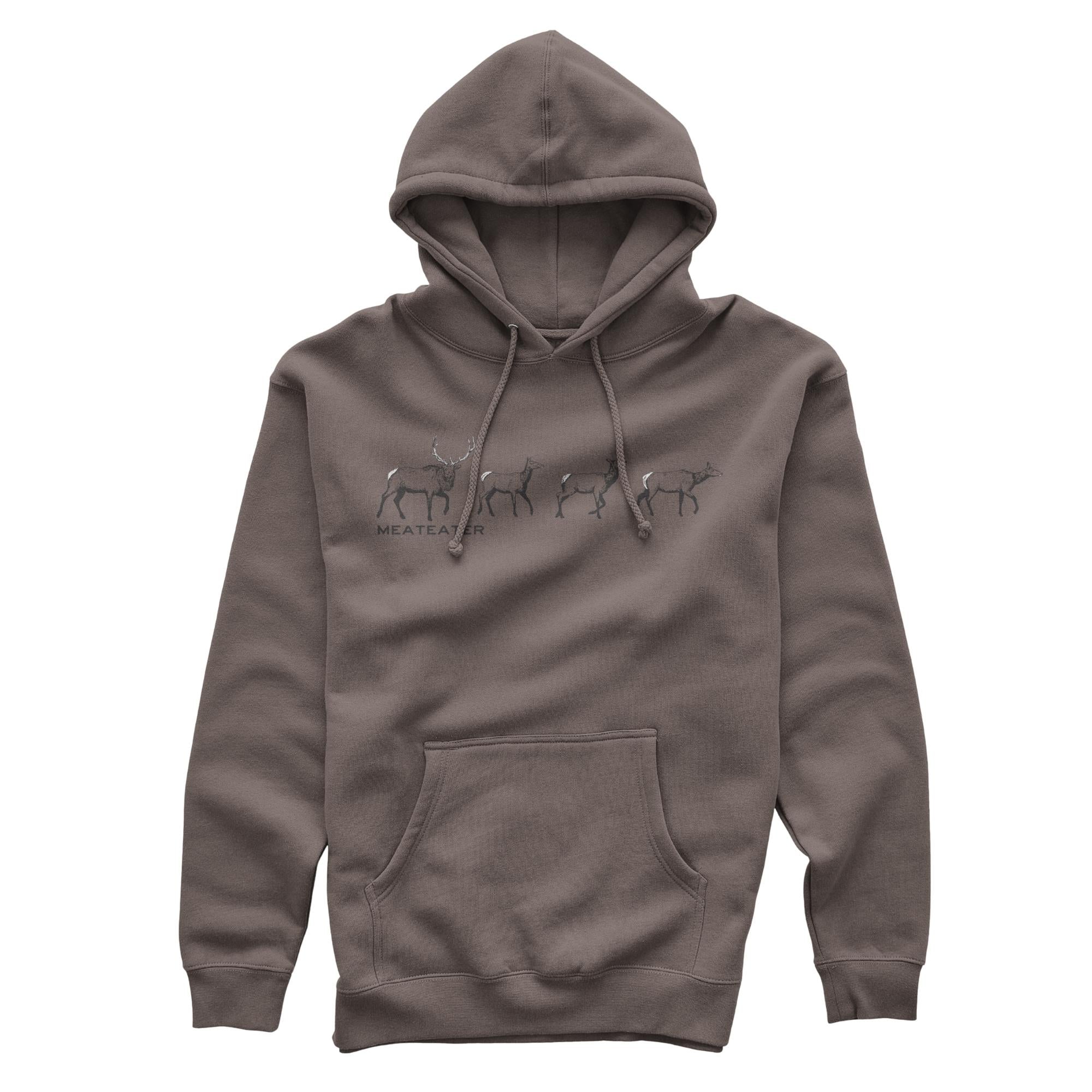 Brown hoodie featuring four  on the chest and black "MEATEATER" on the right chest, it has a drawstring hood, and kangaroo pocket.