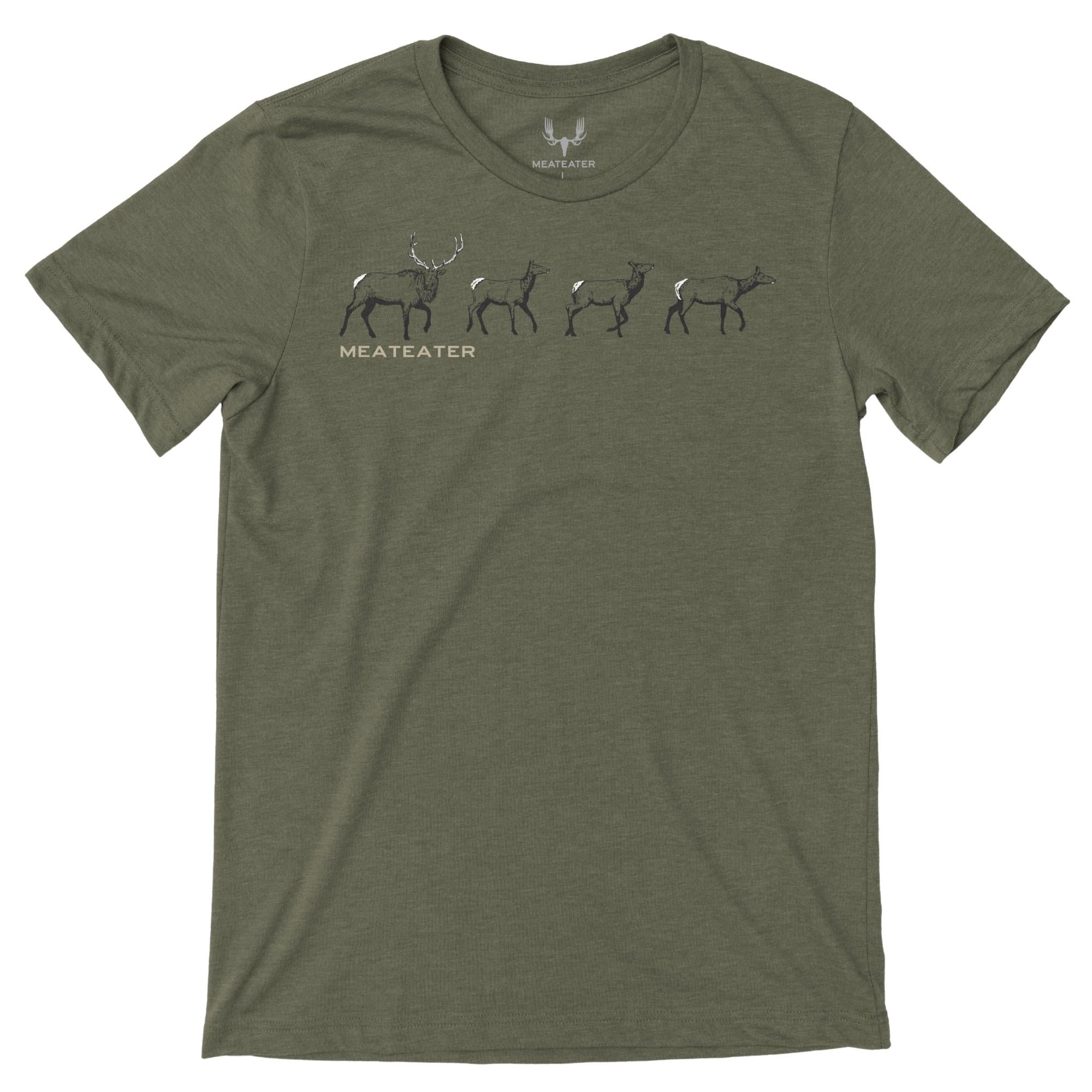 Military green heather T-Shirt featuring four elks on the chest and beige "MEATEATER" on the right chest
