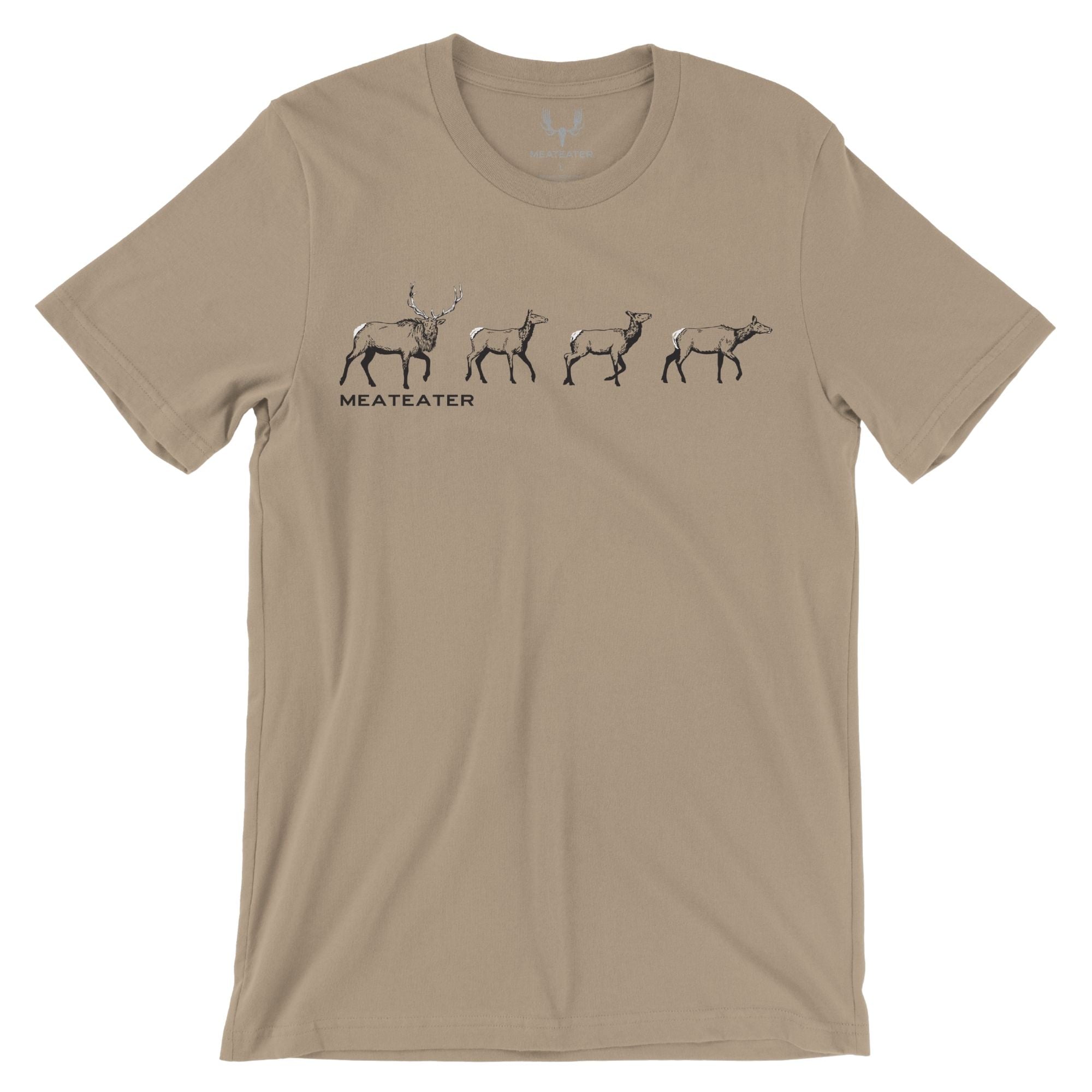 Sand T-Shirt featuring four elks on the chest and black "MEATEATER" on the right chest