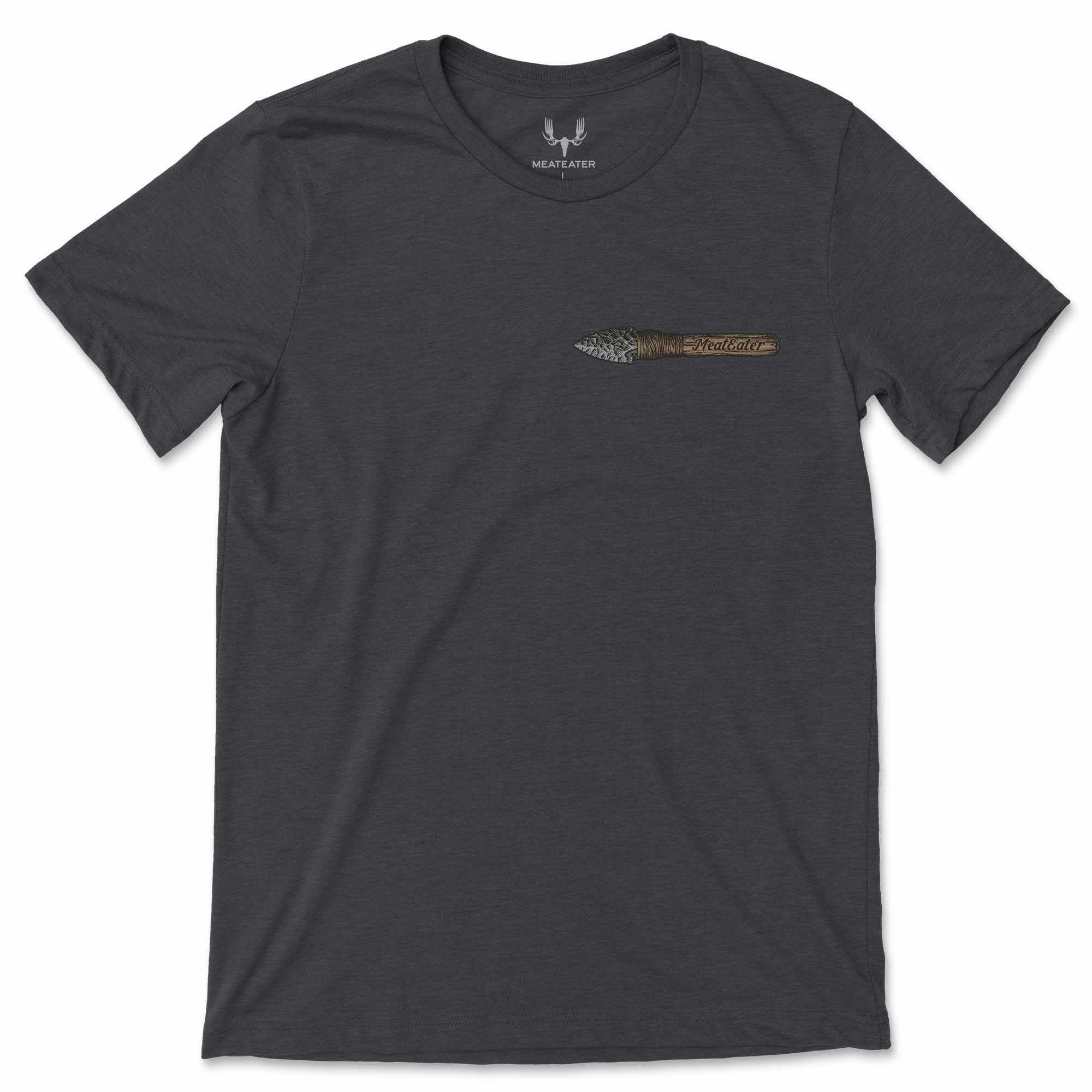 Dark gray t-shirt with a clovis point logo on the chest against a white background