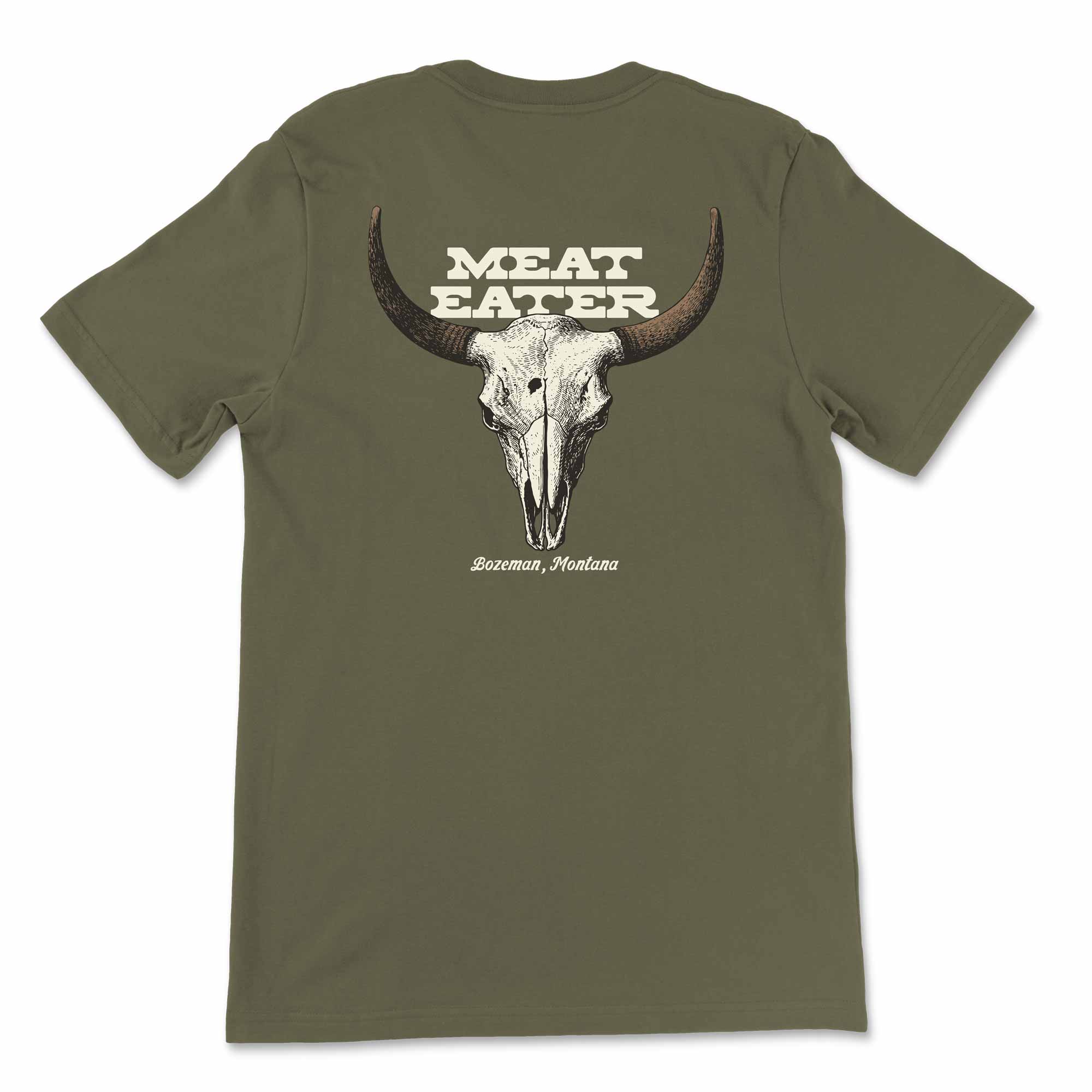 Olive green t-shirt with a bison skull and 'MEAT EATER' text on the back, on a white background.