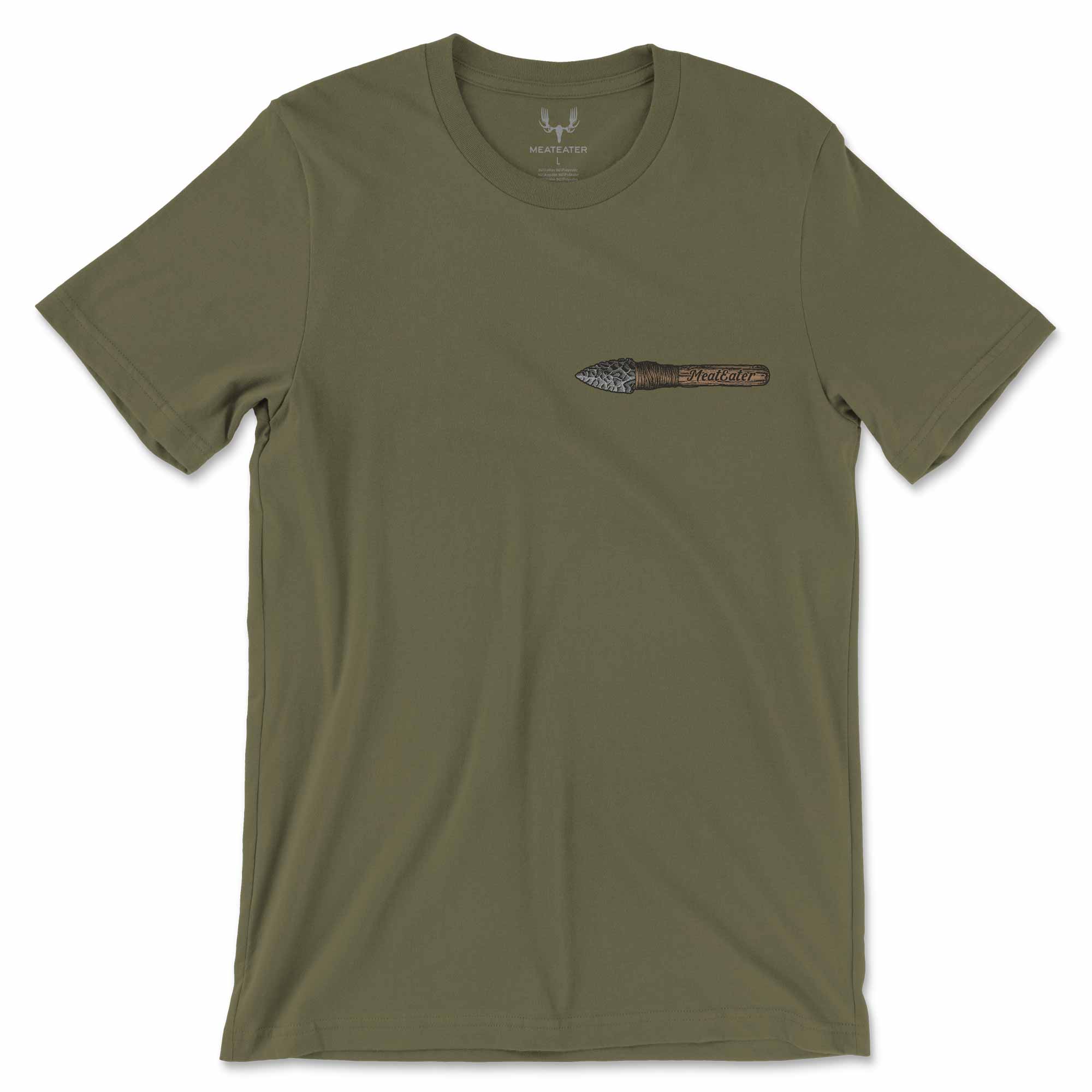 Green t-shirt with a clovis point logo on a white background