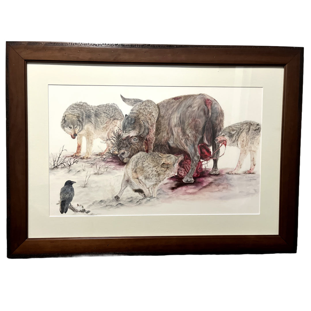 Brown-framed painting: Grey wolves eat bison on bloody snow, raven watching.