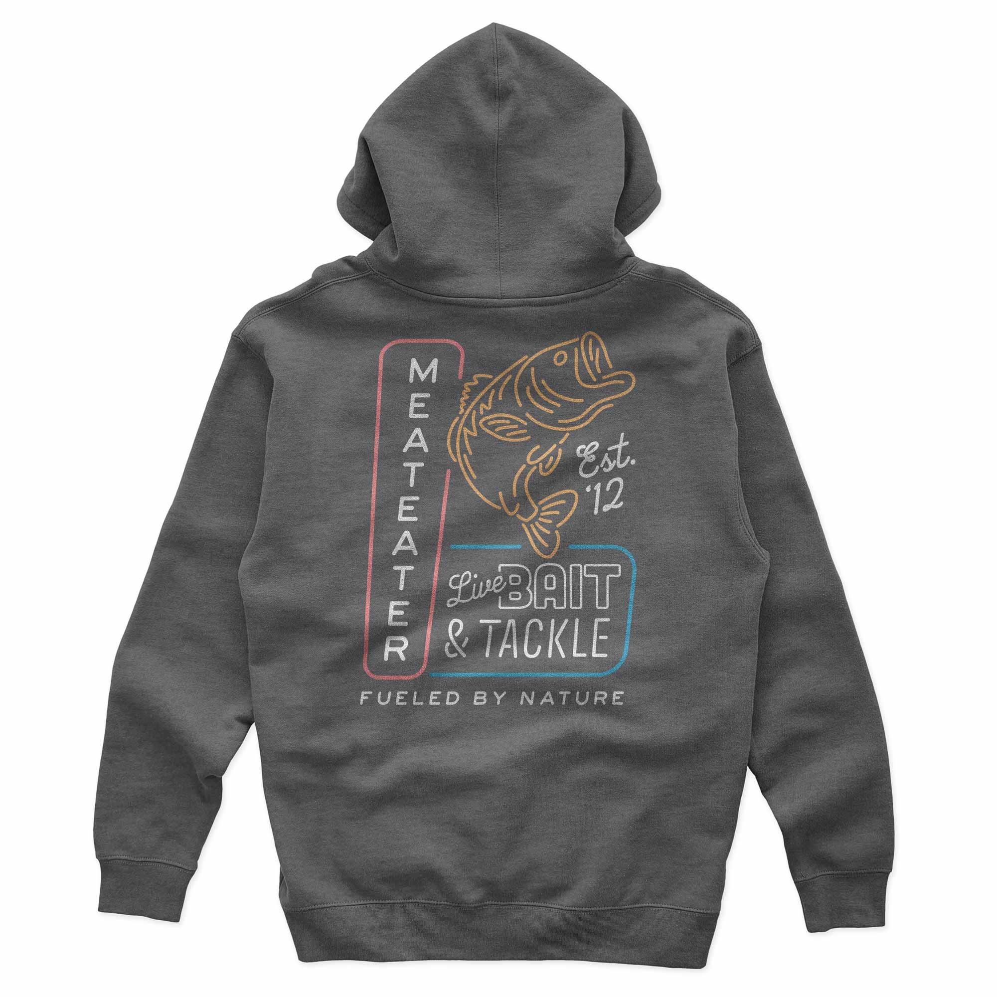 Grey sweatshirt with MeatEater Bait & Tackle logo and bass icon.
