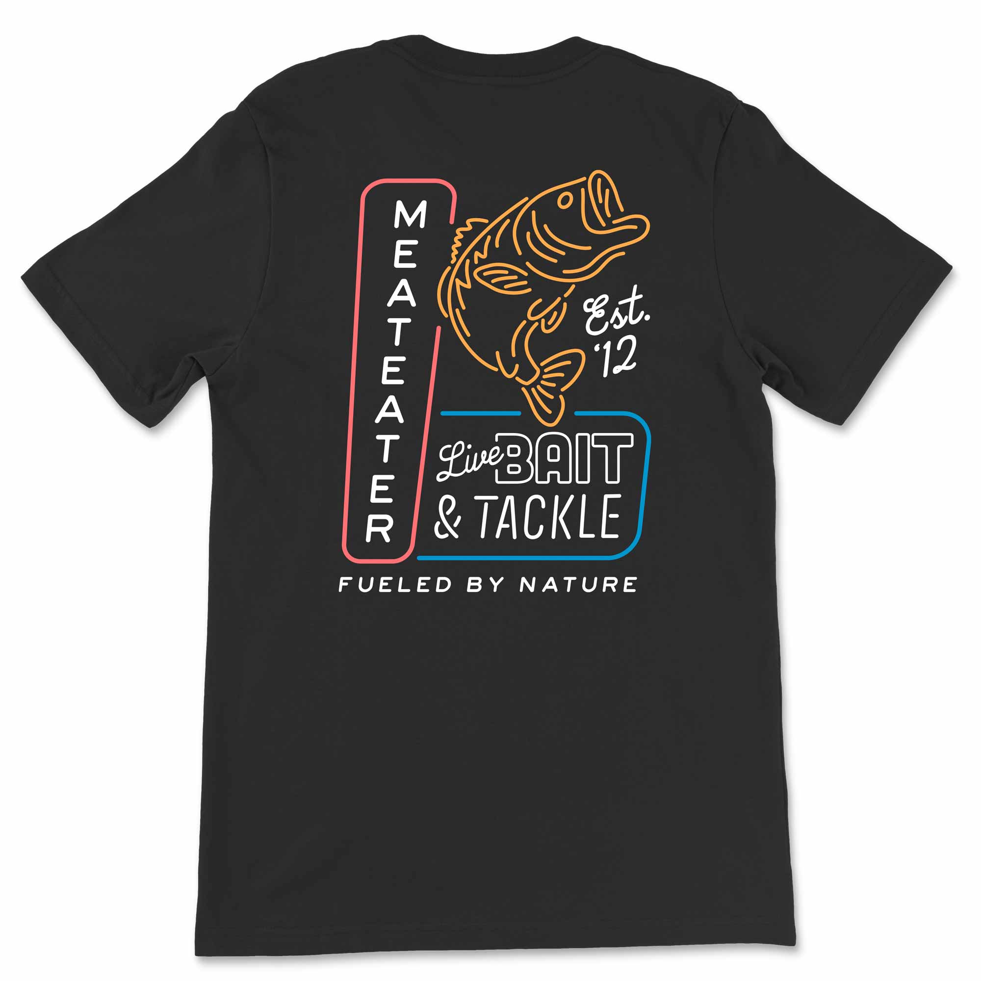Black t-shirt with a fish graphic and text on a white background