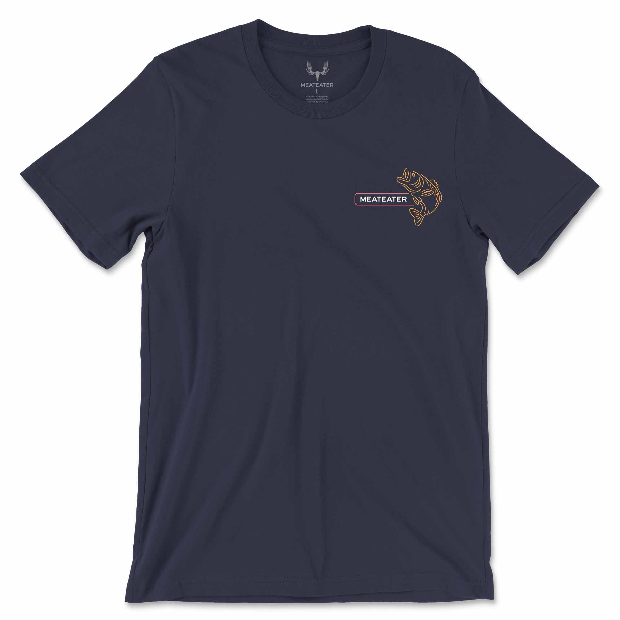 Navy blue t-shirt with a logo on the chest against a white background