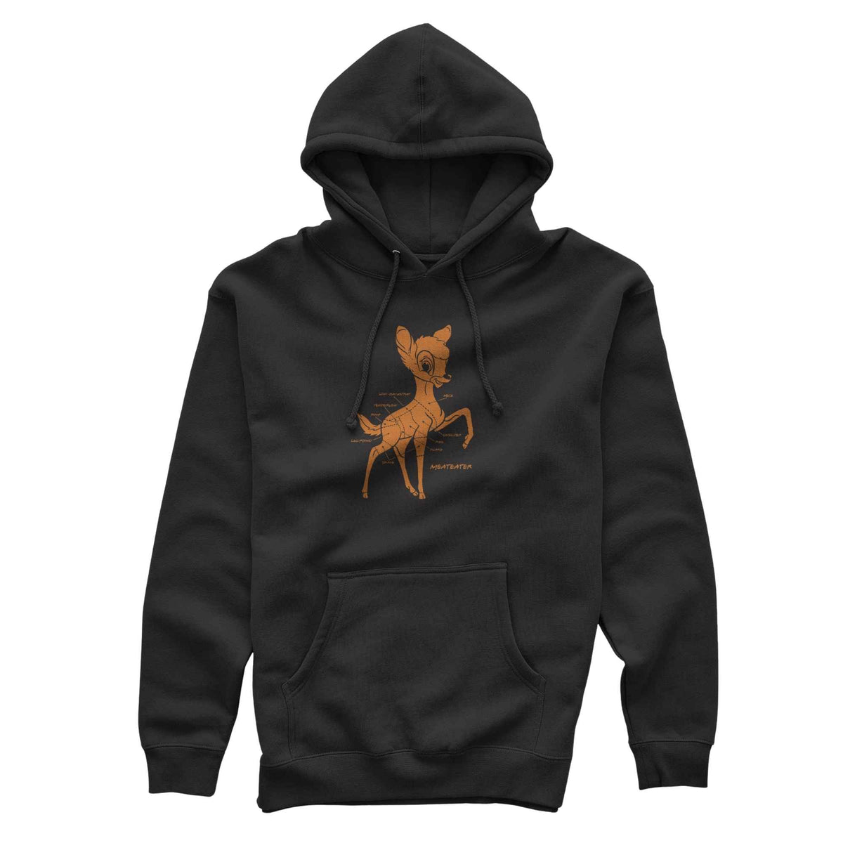 Black hoodie with an orange Bambi deer butcher chart graphic and "MEATEATER" text.