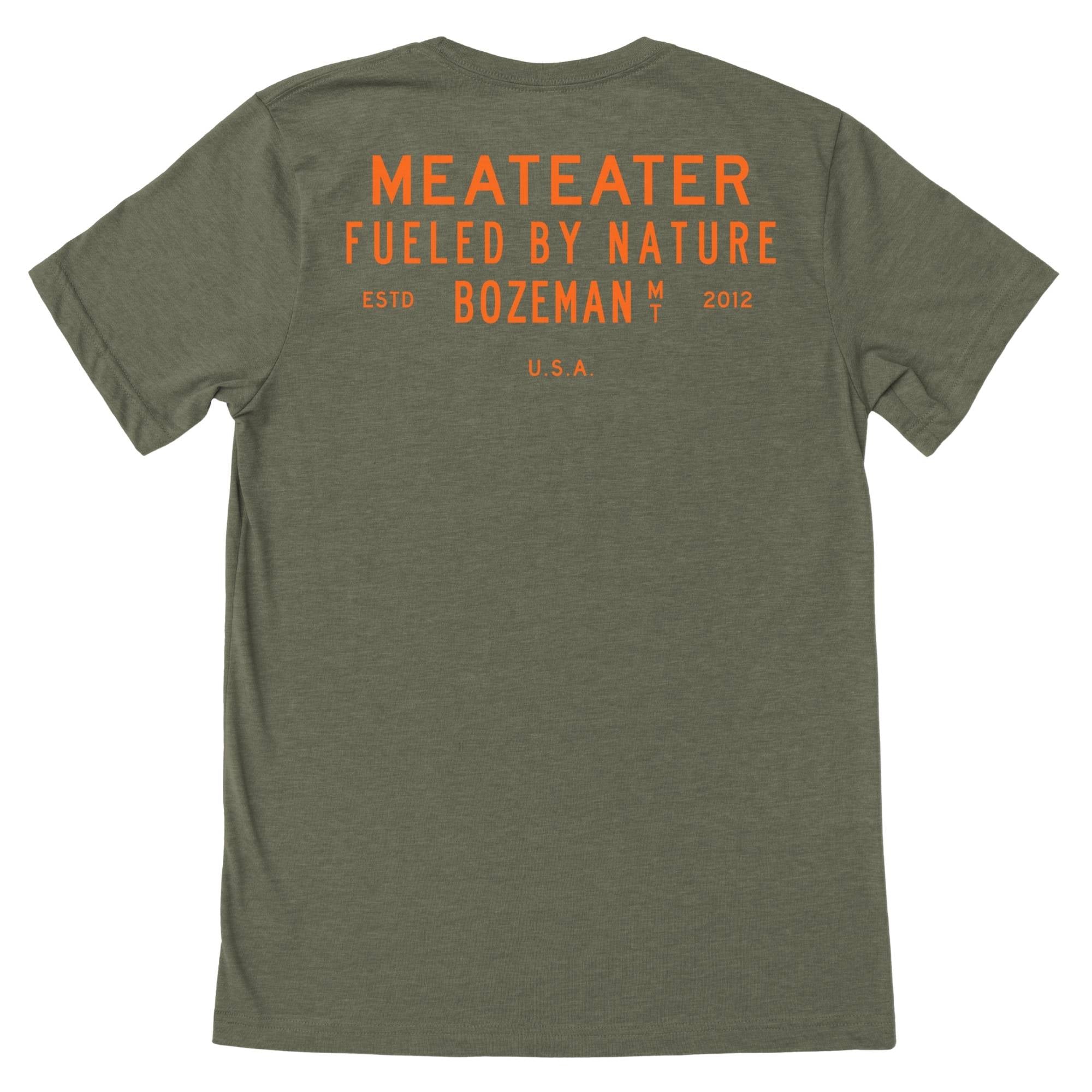 Military heather t-shirt with orange "MEATEATER FUELED BY NATURE" text on the back.