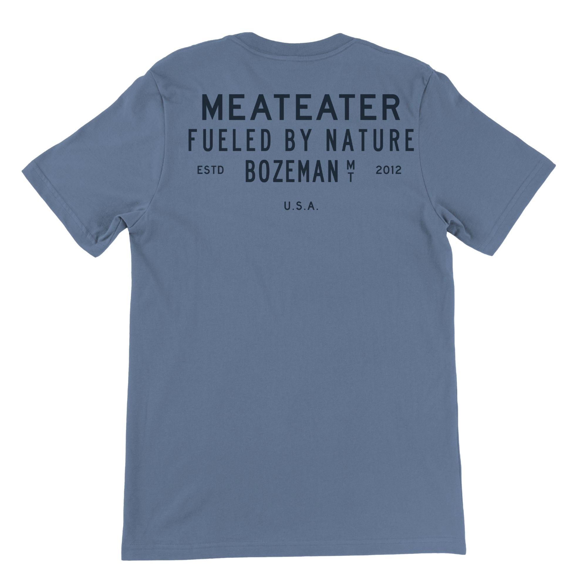 Slate t-shirt with black "MEATEATER FUELED BY NATURE" text on the back.