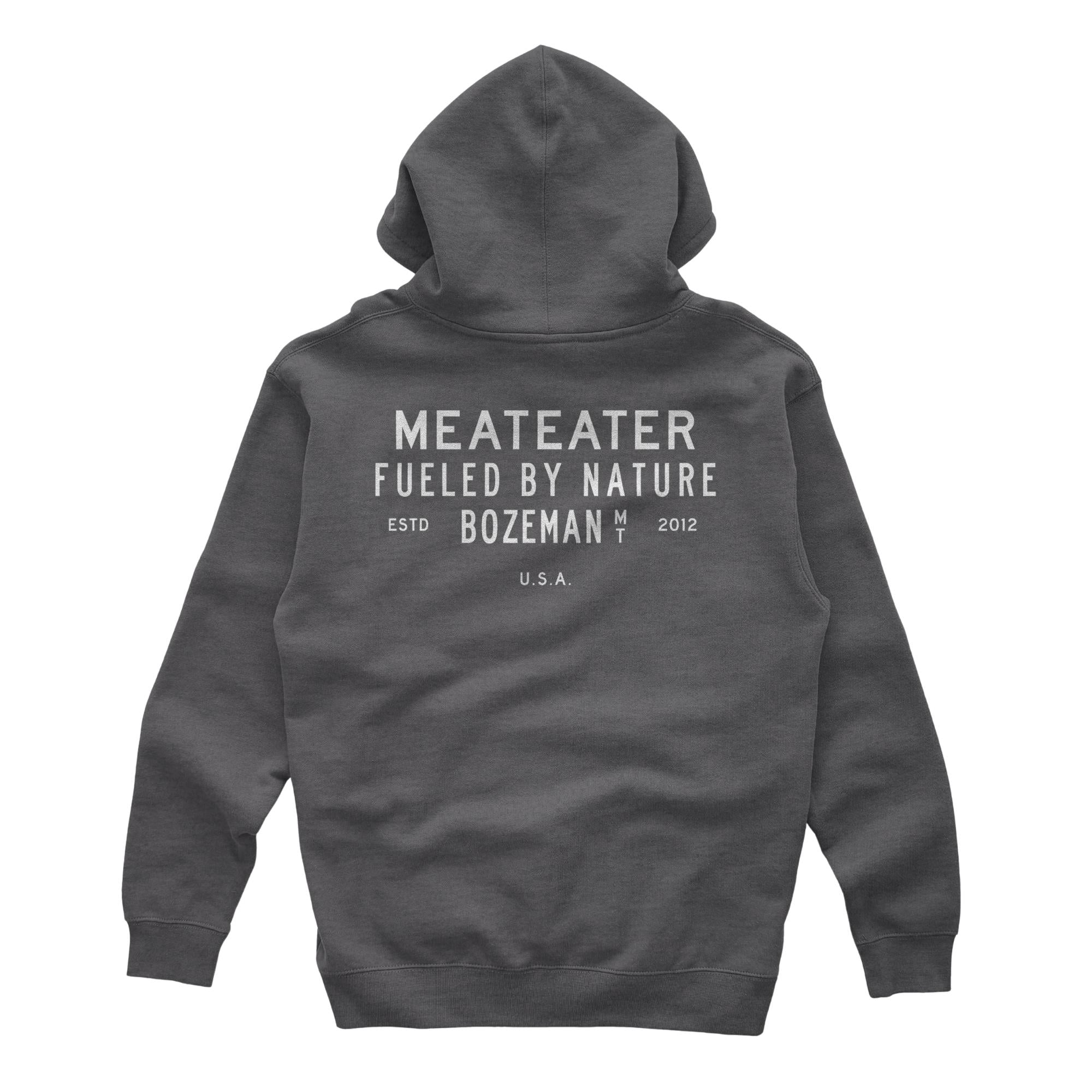 Charcoal heather hoodie, back view, with 'MEATEATER FUELED BY NATURE BOZEMAN' text.