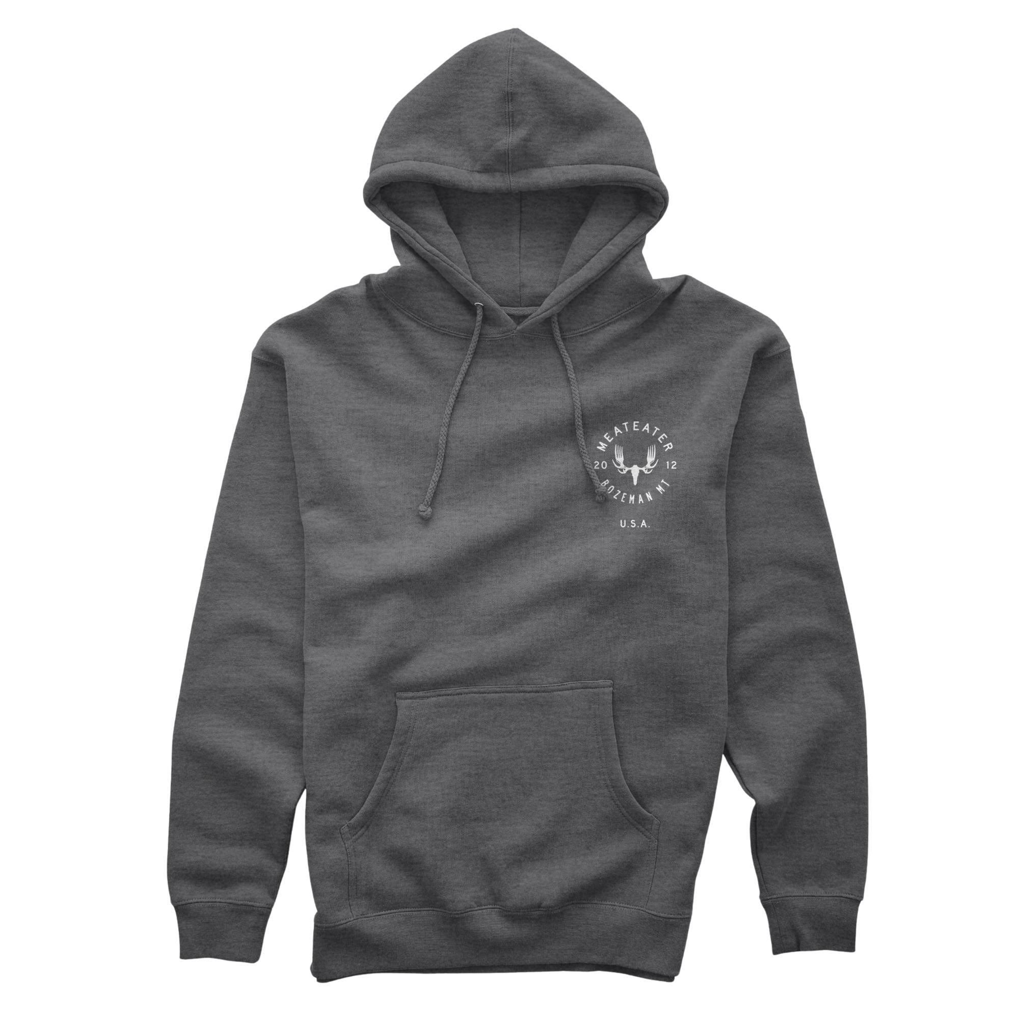 Charcoal heather hoodie with drawstrings, a kangaroo pocket, and a circular MeatEater logo.