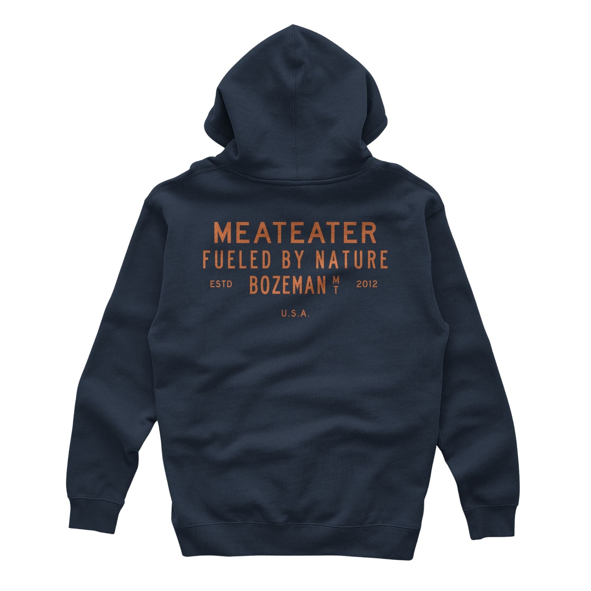 Navy hoodie, back view, with 'MEATEATER FUELED BY NATURE BOZEMAN' text.