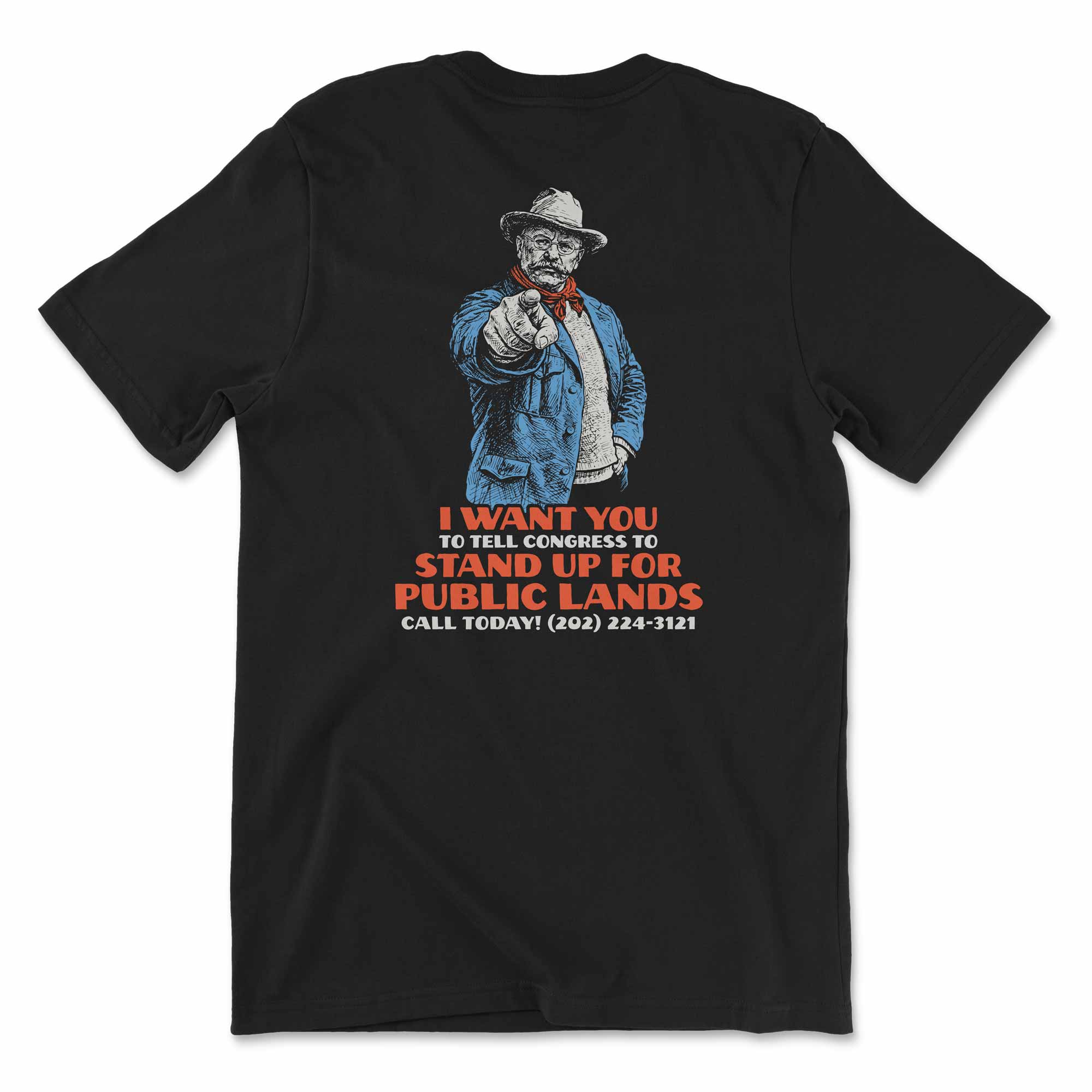 Black t-shirt with graphic of a person in a hat and text calling for action on public lands.