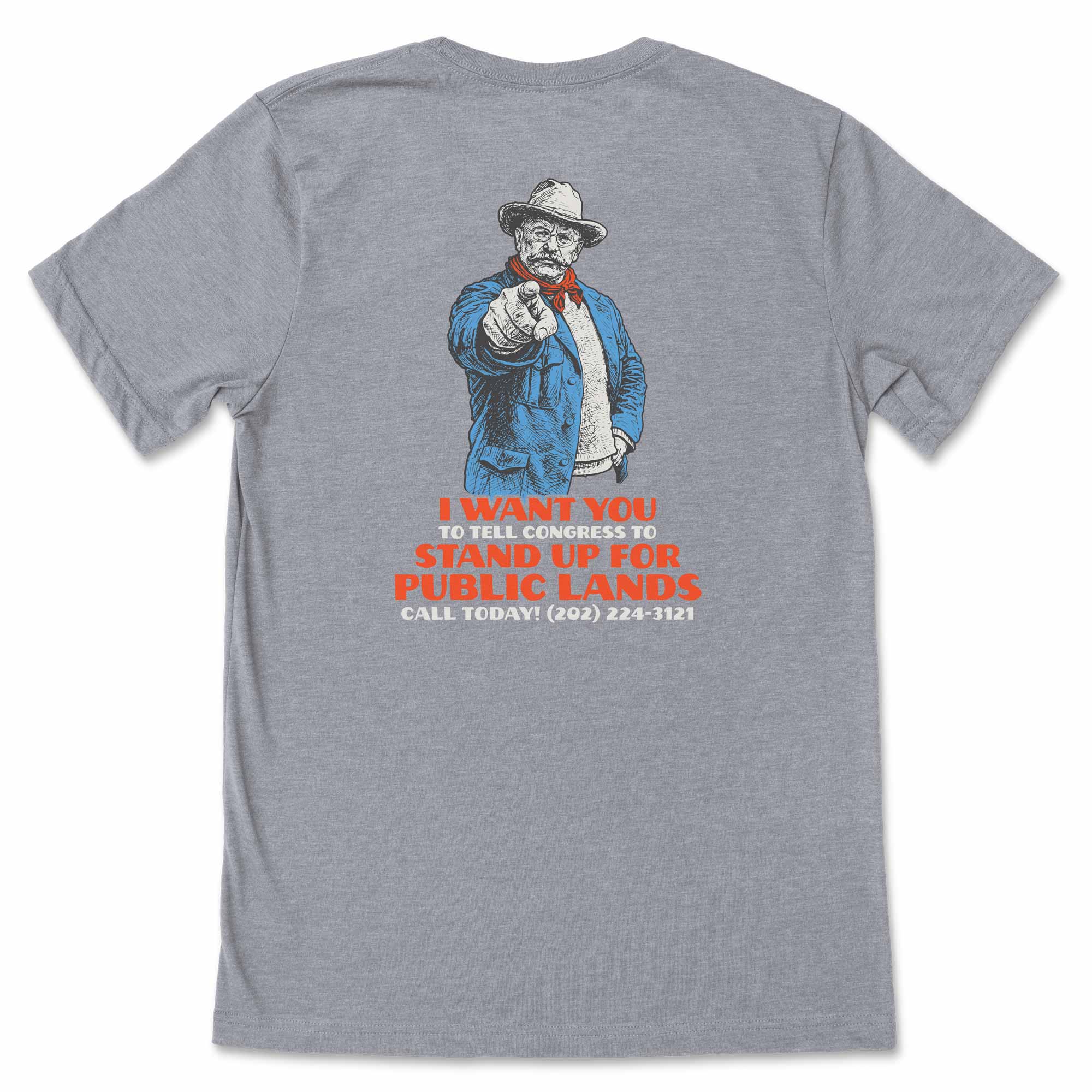 Gray t-shirt with a graphic of a person pointing and calling for action for public lands on the back, on a white background.