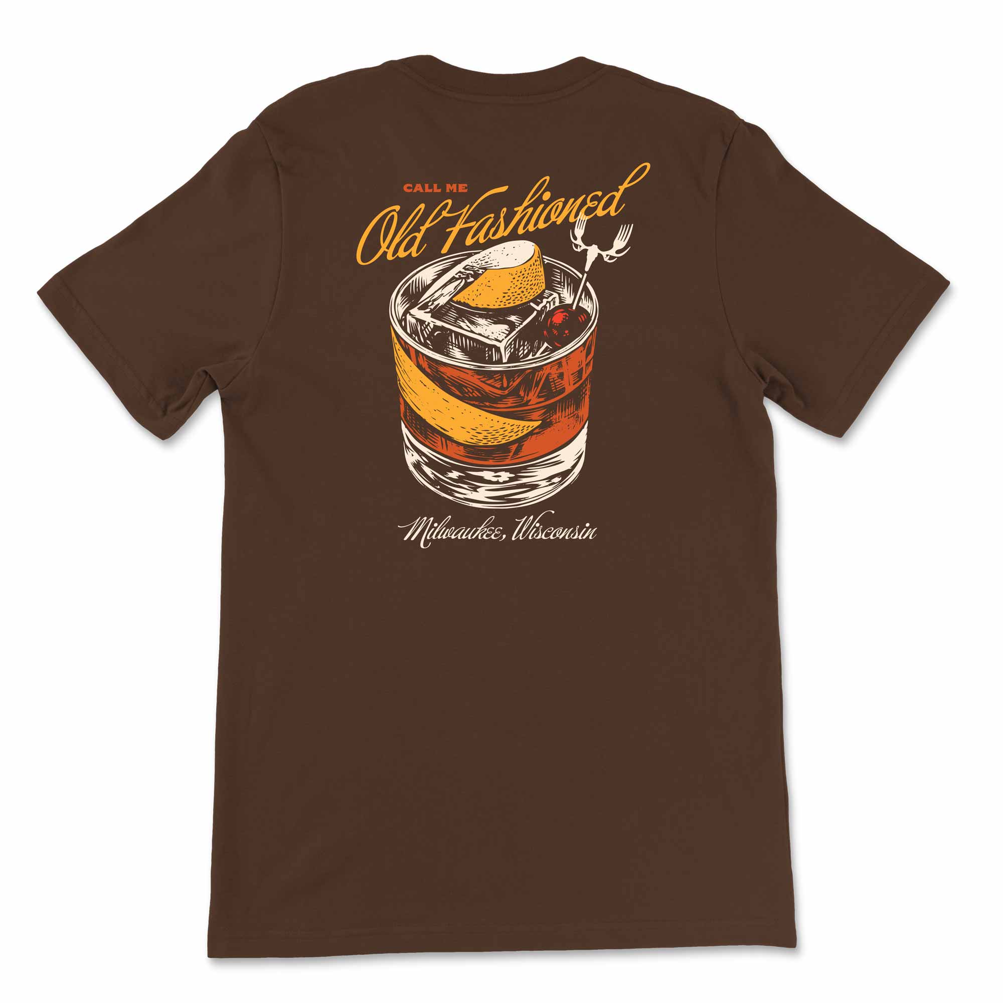 Brown t-shirt with an old-fashioned cocktail graphic and text on a white background