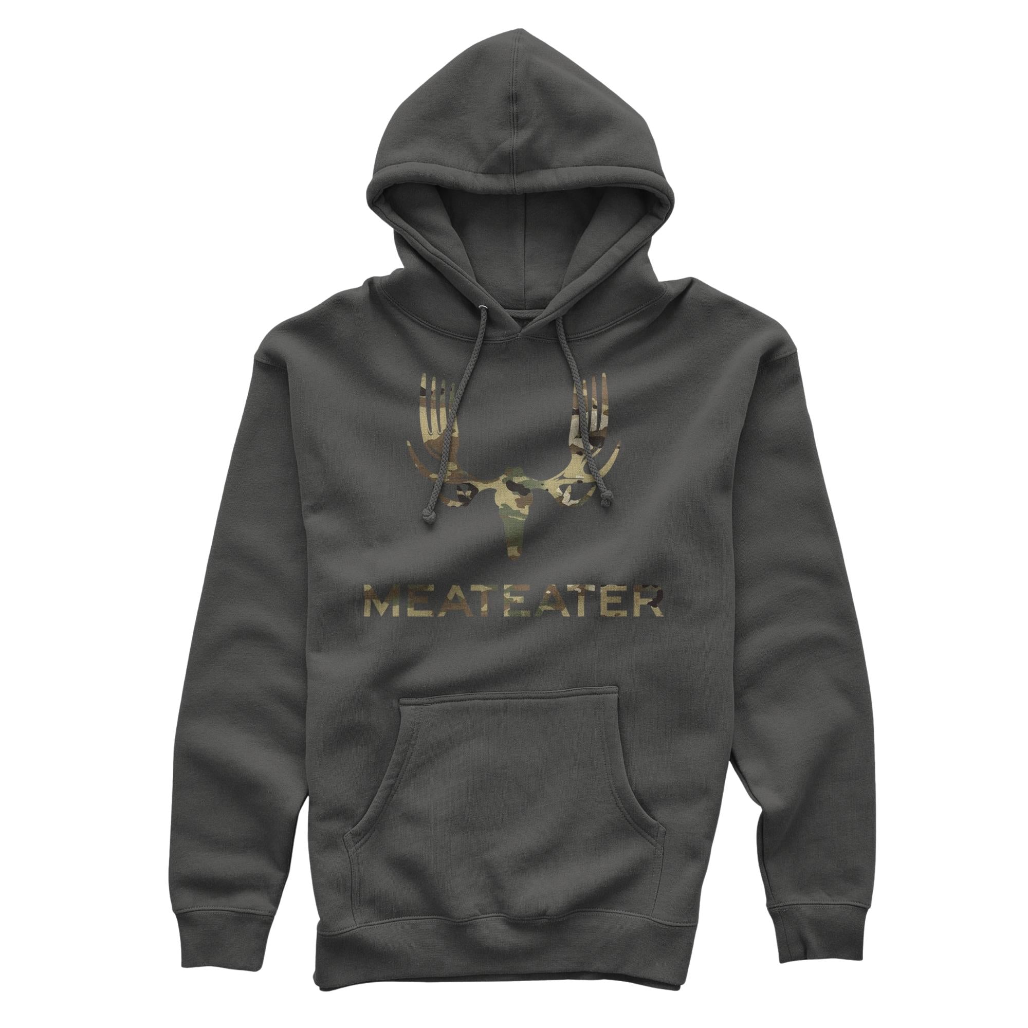 Grey hoodie with camo MEATEATER logo featuring fork antlers.