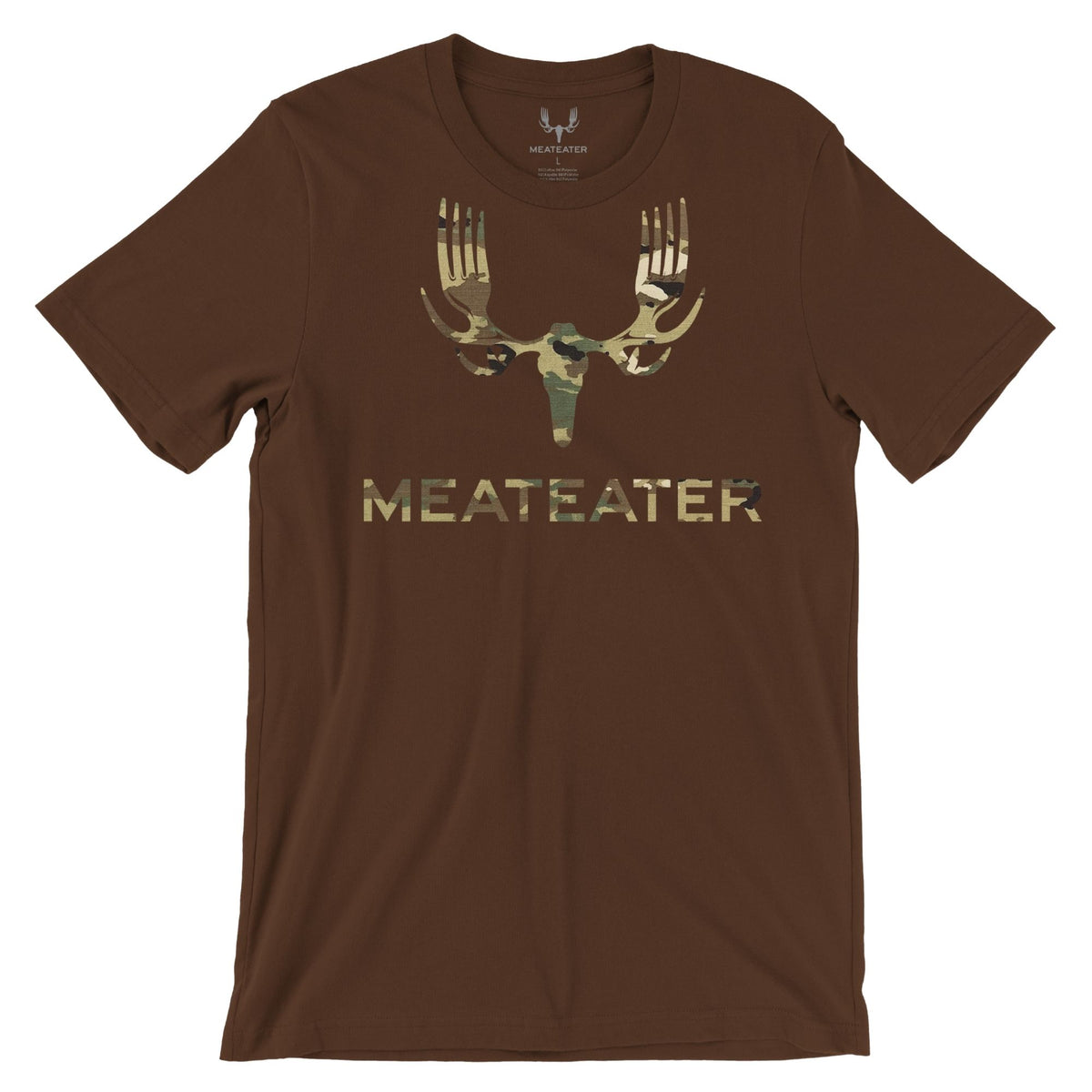 Brown t-shirt with camouflage fork-antler logo and MEATEATER text.