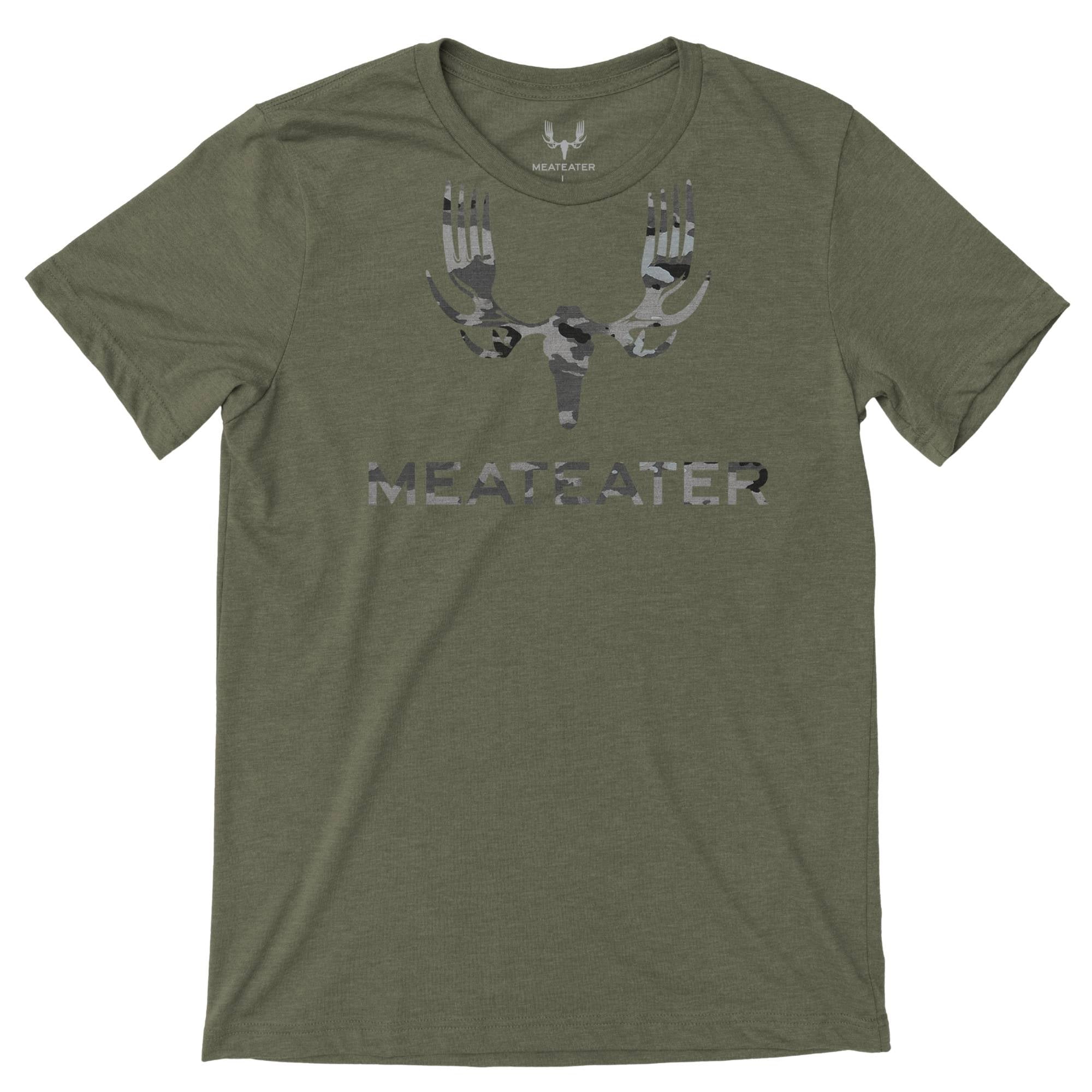 Military green heather t-shirt with camouflage fork-antler logo and MEATEATER text.