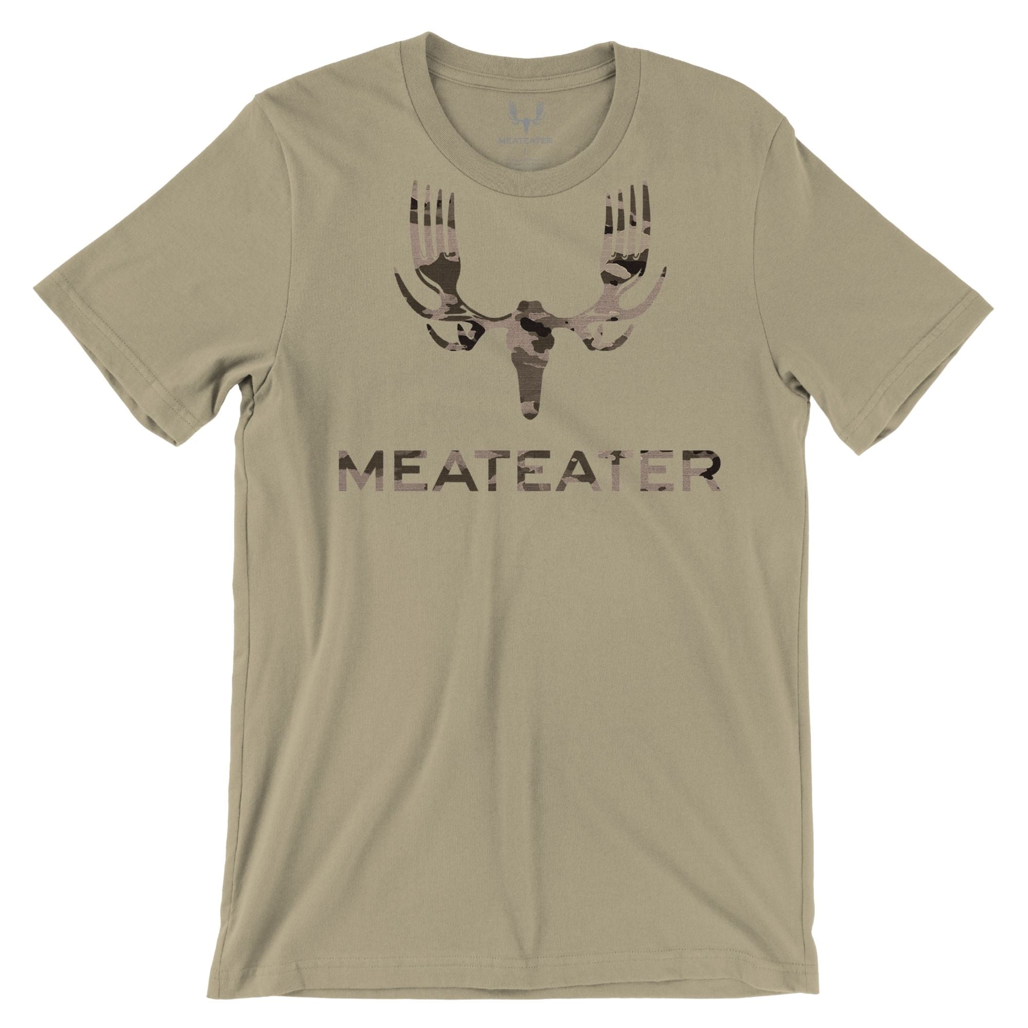 Sandstone t-shirt with camouflage fork-antler logo and MEATEATER text.