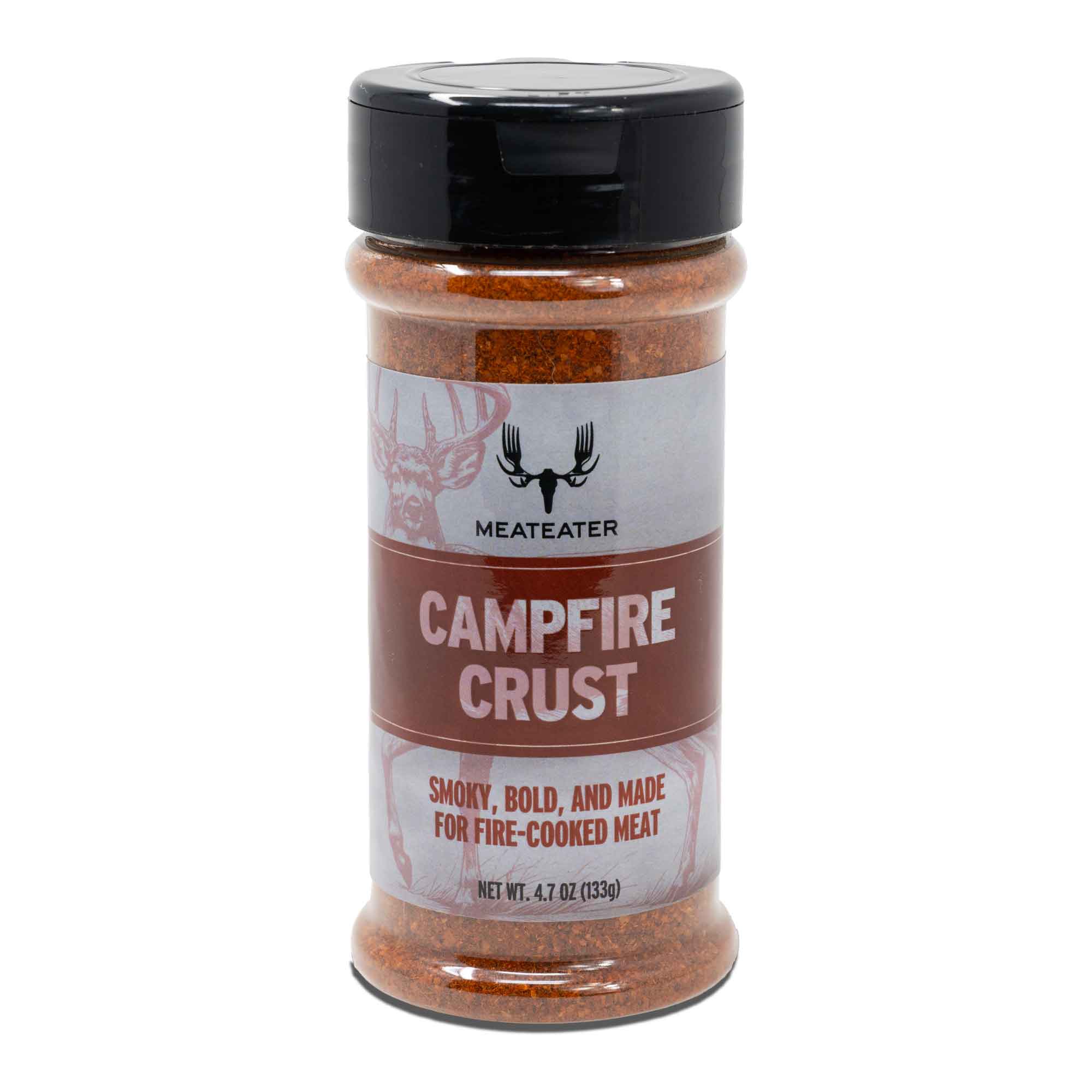Spice jar labeled 'Campfire Crust' by Meateater on a white background