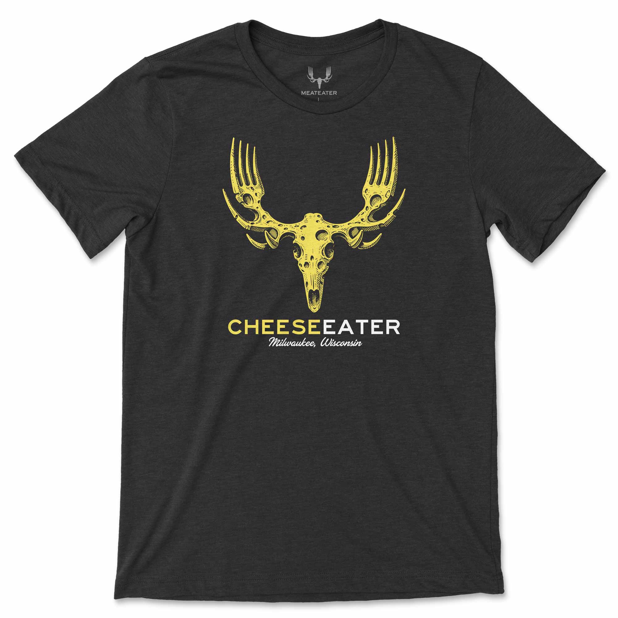 Black t-shirt with yellow cheese deer skull design and 'Cheeseater' text on a white background