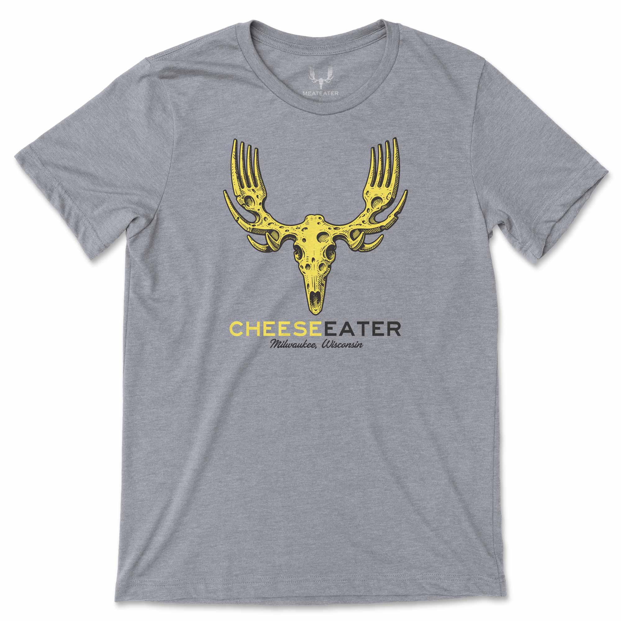 Gray t-shirt with yellow and black cheese graphic design on a white background