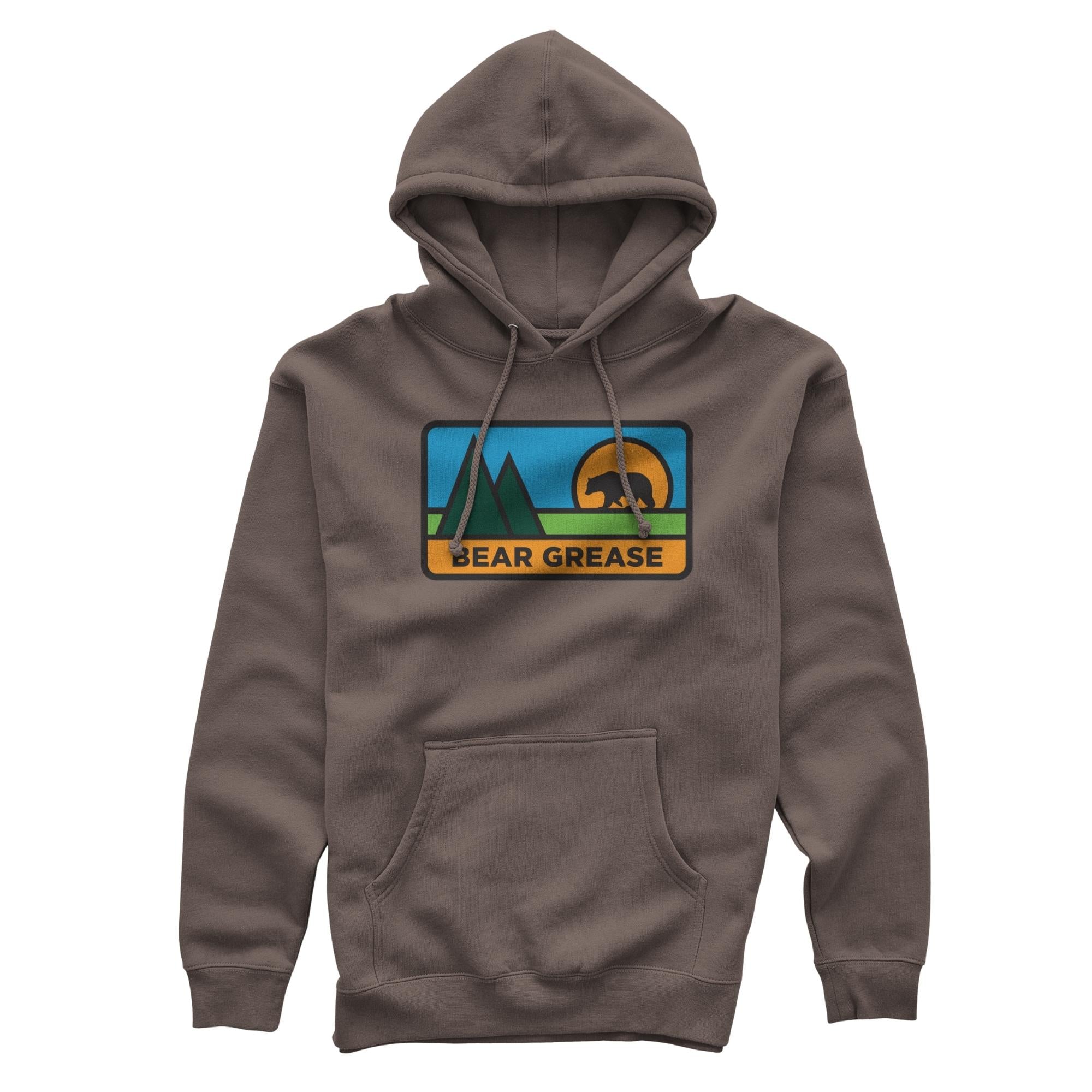 Brown pullover hoodie with a colorful 'BEAR GREASE' graphic of a bear, mountains, and sun.