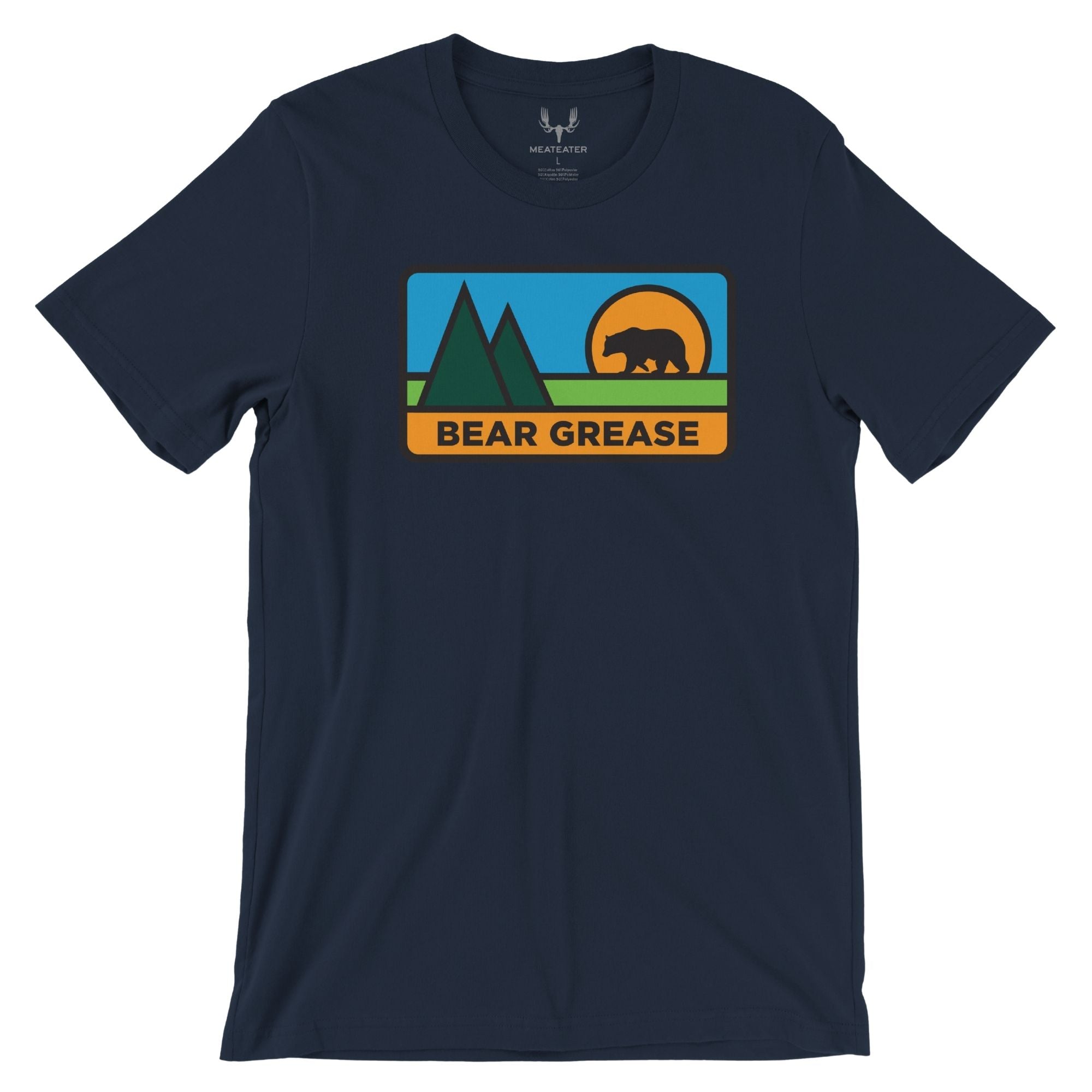 Navy T-shirt with a colorful graphic of a bear, mountains, sun, and 'BEAR GREASE' text.