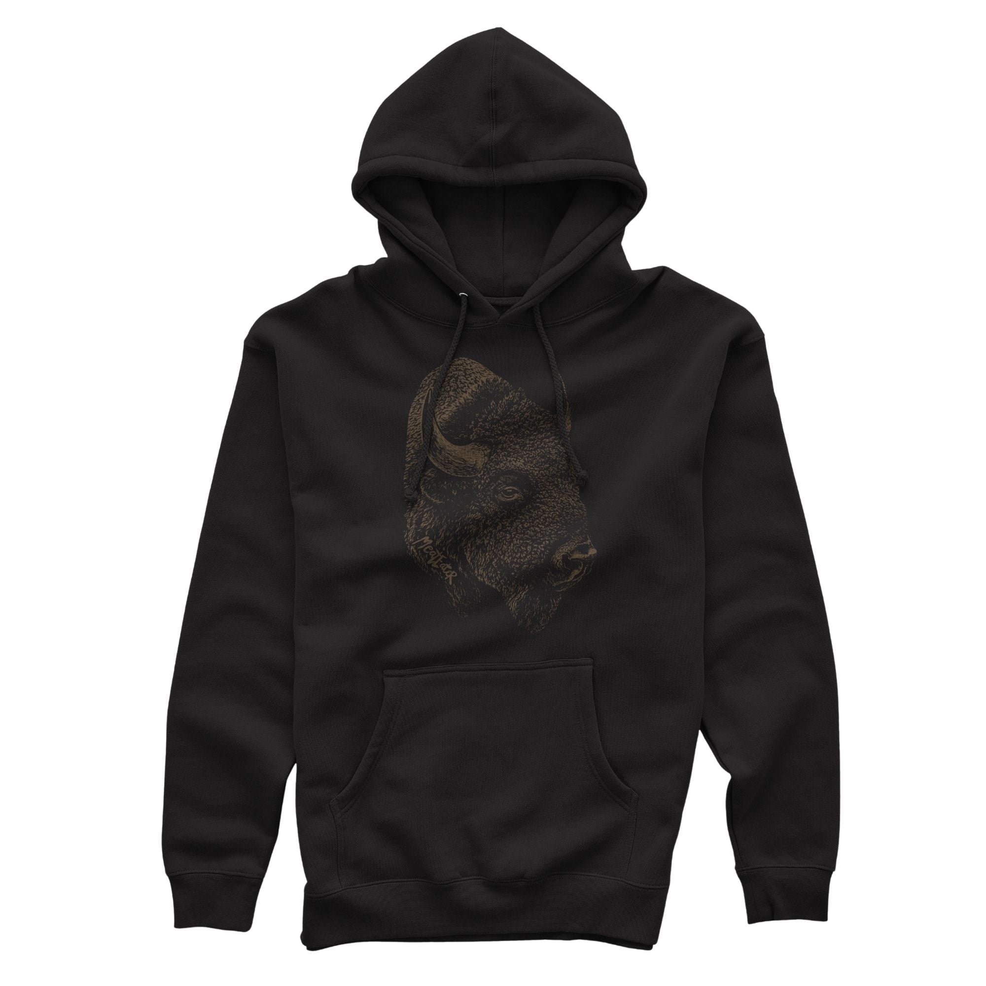 Black hoodie with a brown bison graphic with drawstring, and kangaroo pocket.