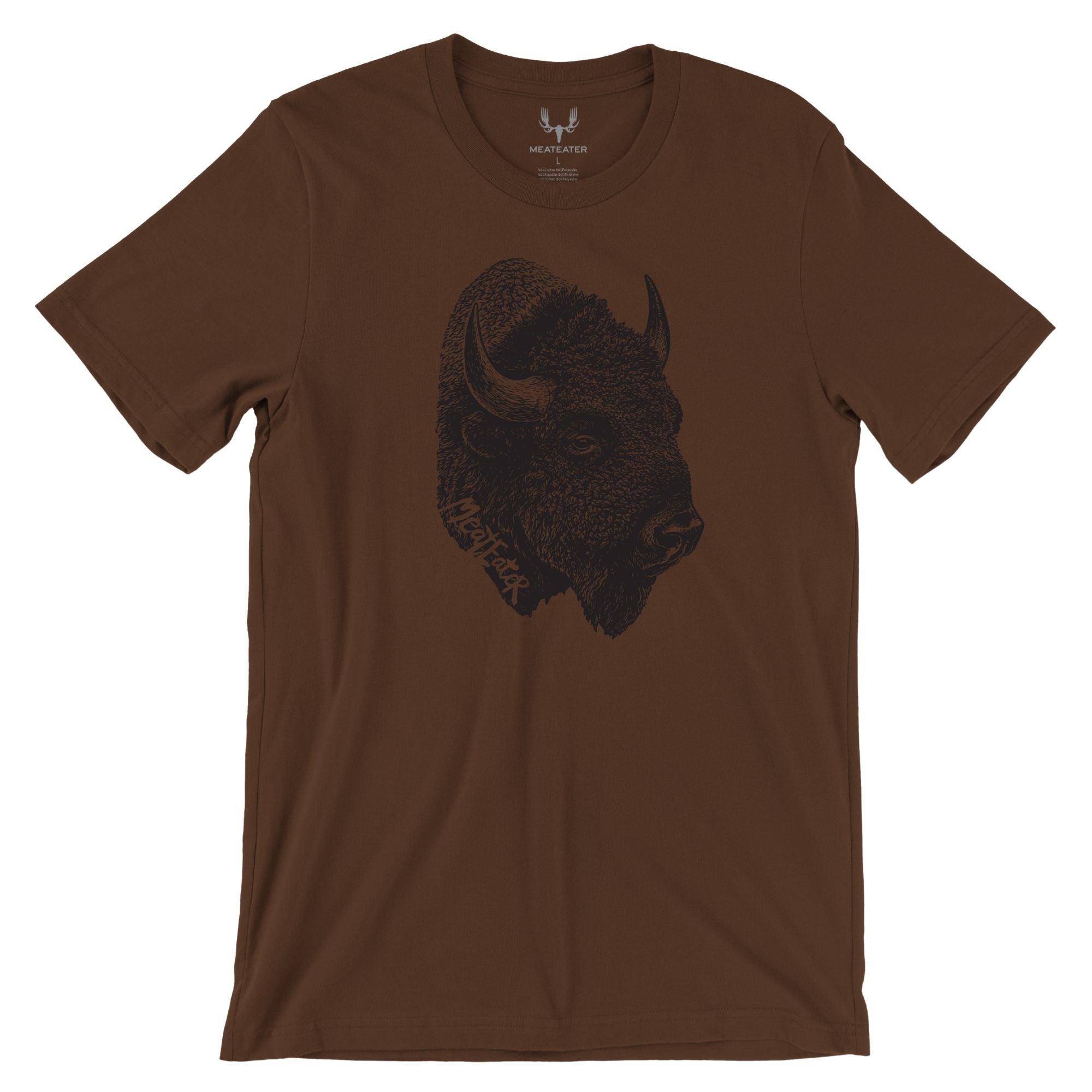 Brown t-shirt with black bison head graphic.