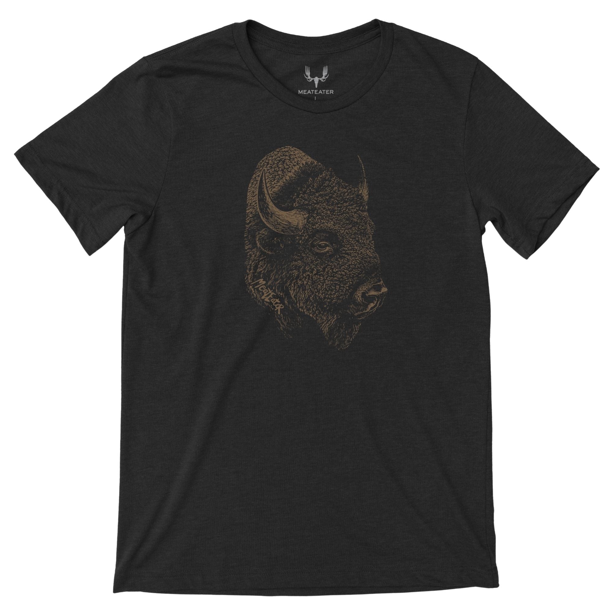 Charcoal heather t-shirt with brown bison head graphic.