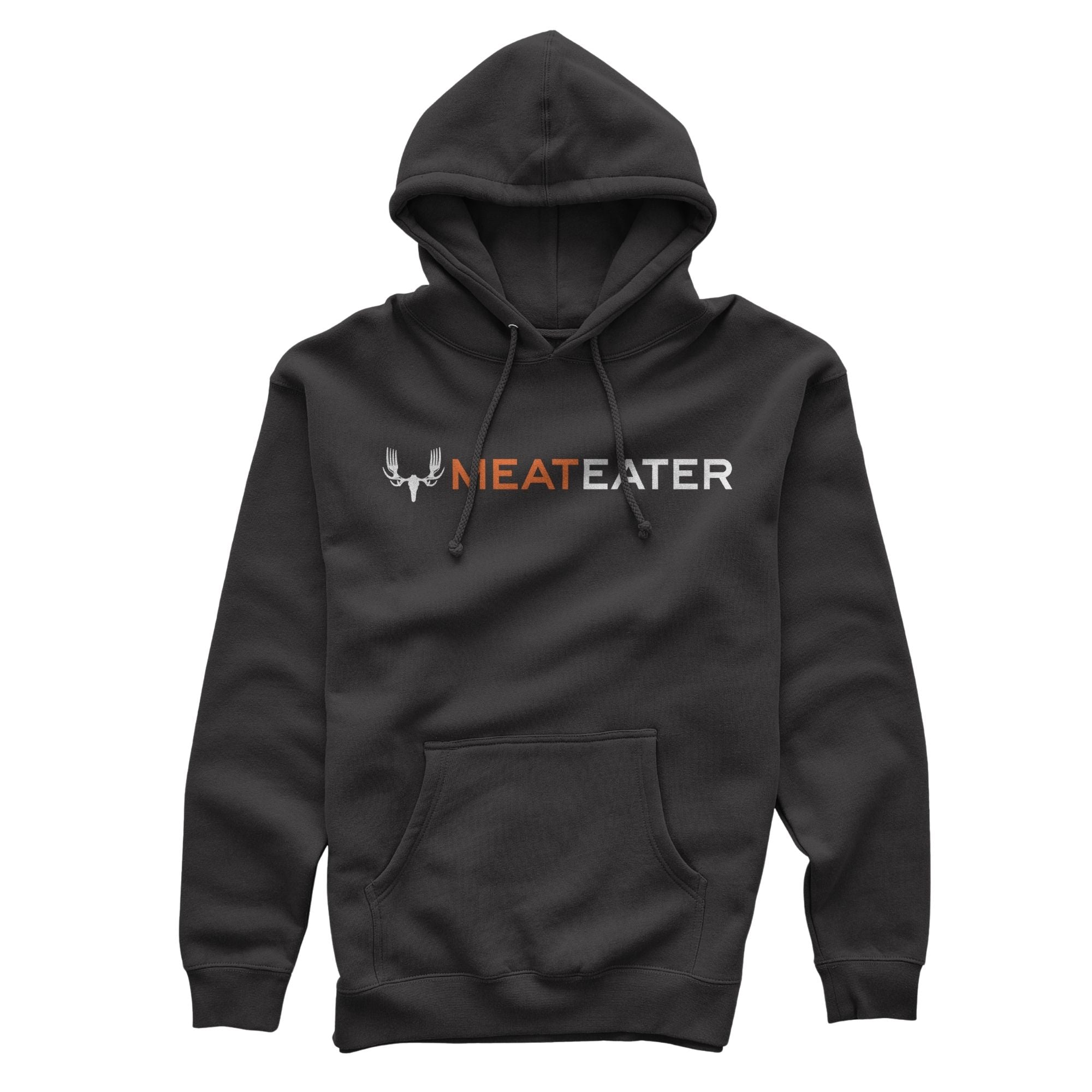 Black hoodie with MEATEATER antler-fork logo, drawstrings, and kangaroo pocket.
