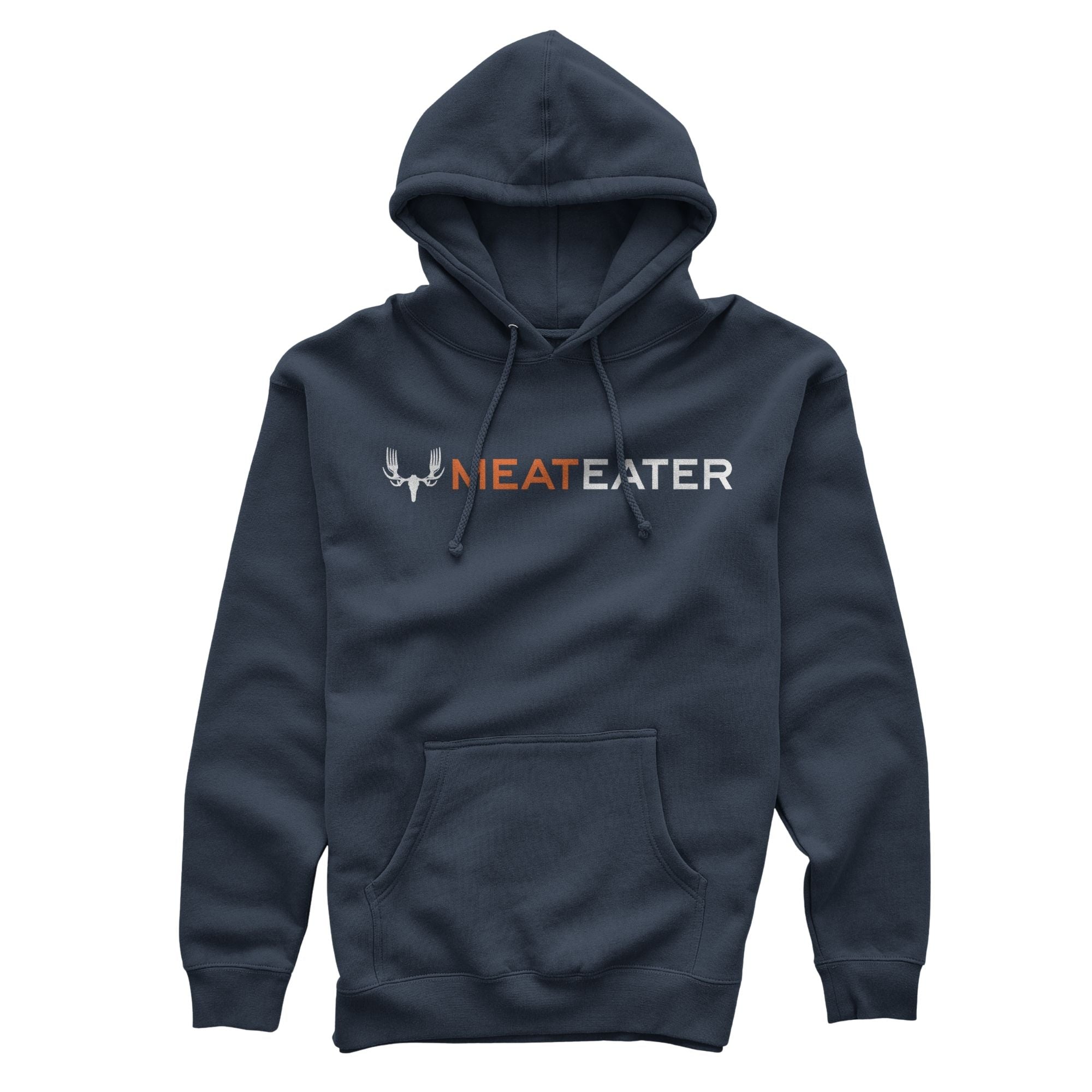 Navy hoodie with MEATEATER antler-fork logo, drawstrings, and kangaroo pocket.