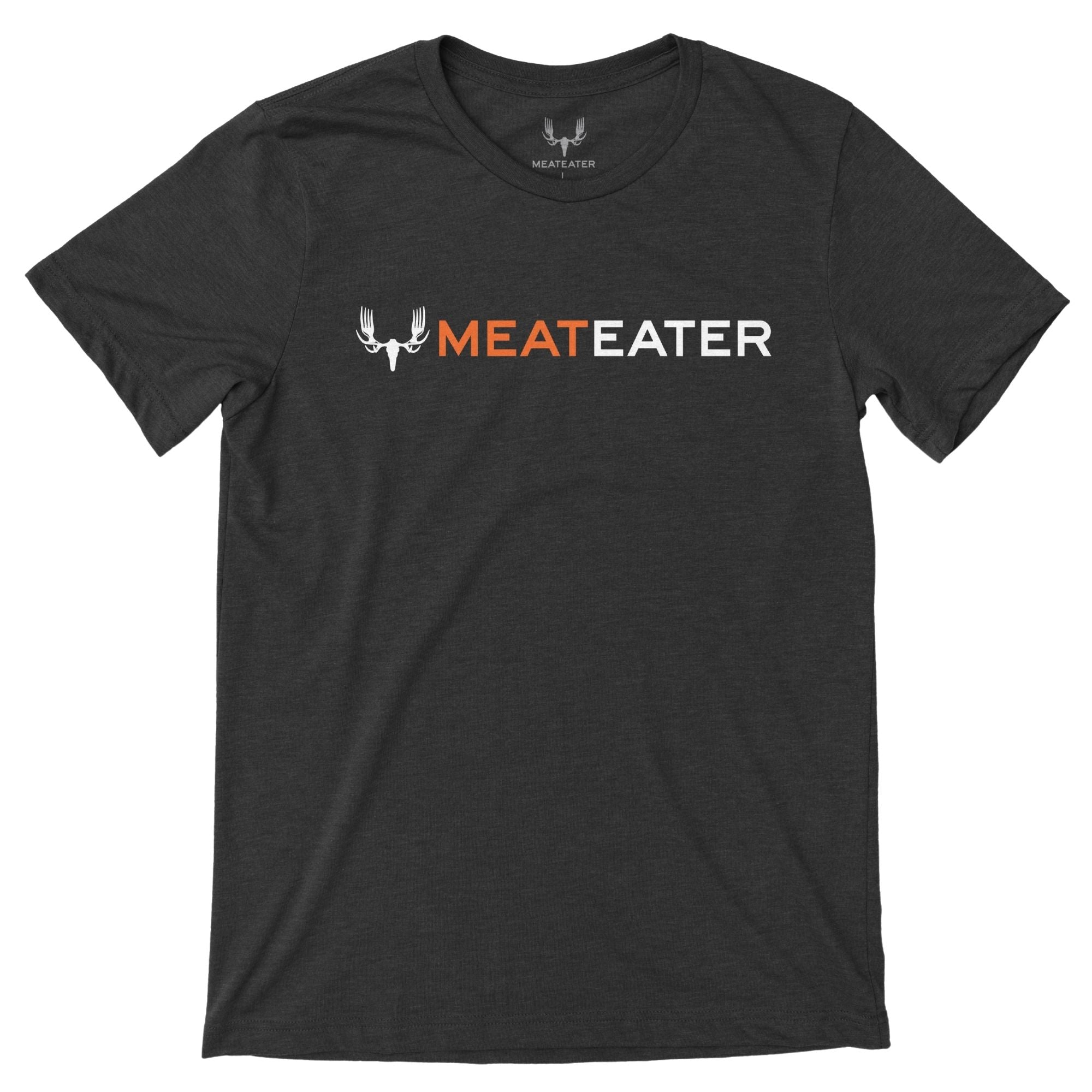 Heather charcoal Meateater t-shirt with antler-fork logo.