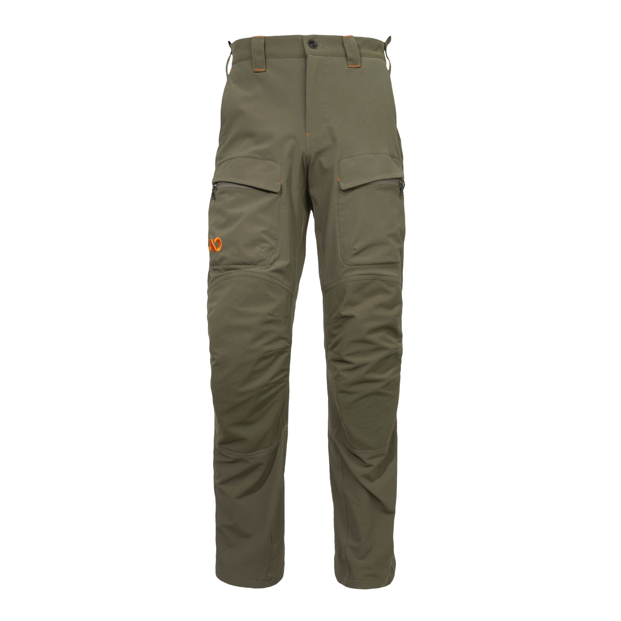 Olive green cargo pants with orange stitching, an orange logo on the left thigh, and zippered thigh pockets.