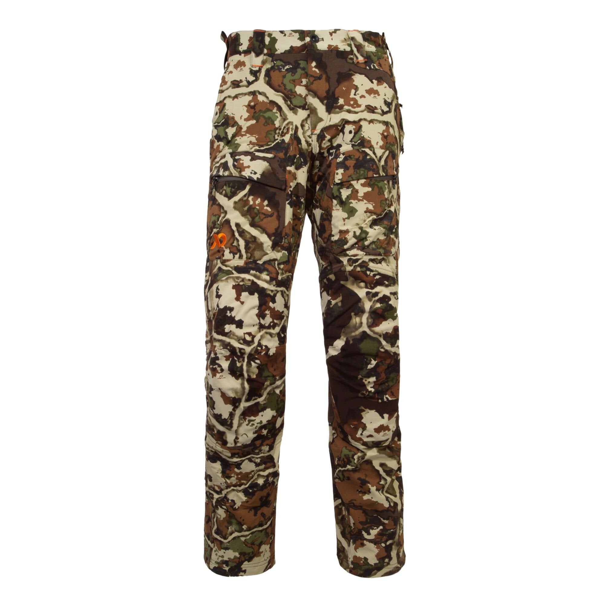 Multi-tone camouflage hunting pants featuring zippered cargo pockets and an orange logo on the left thigh.