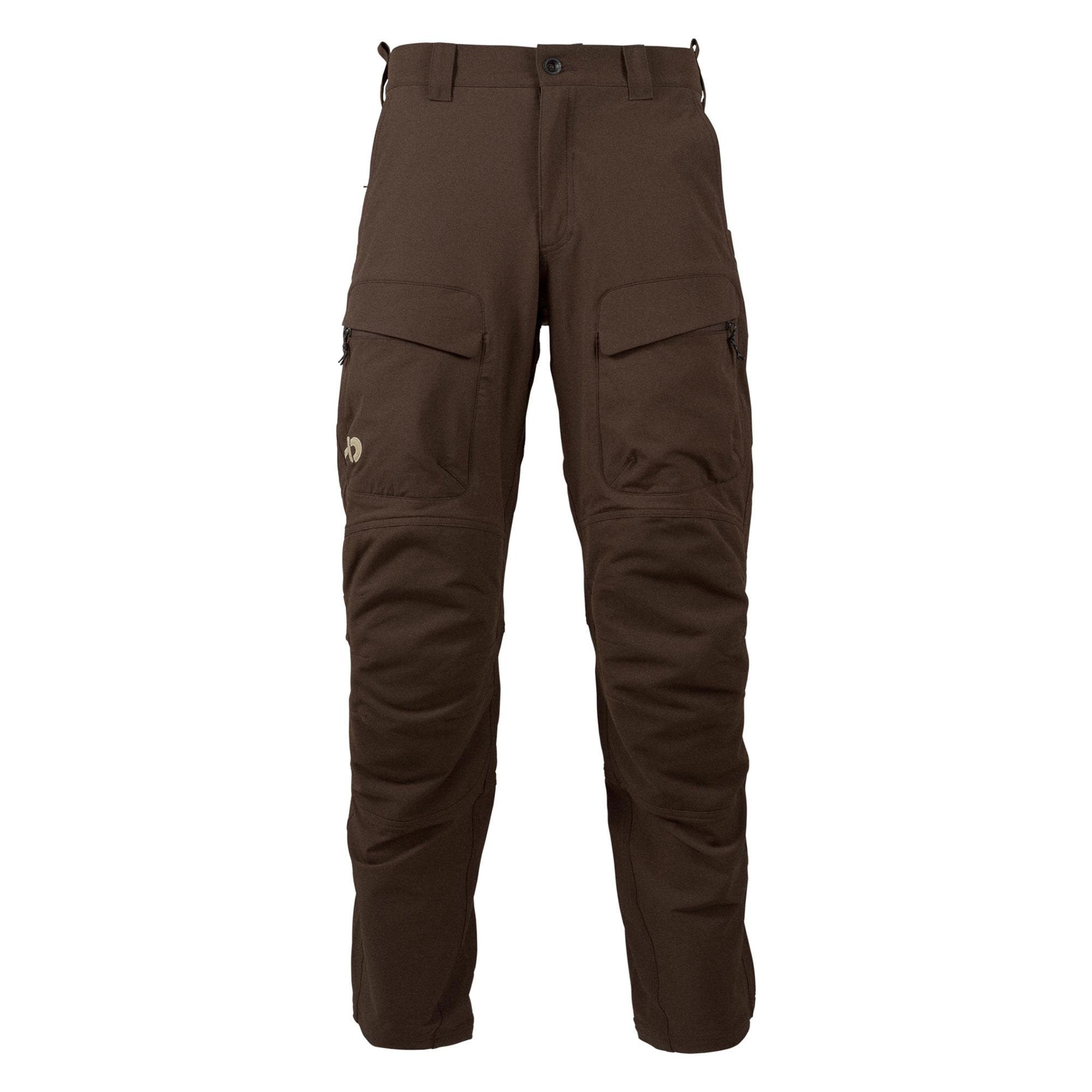 Dark brown cargo pants featuring a button and zipper fly, belt loops, two large flapped and zippered thigh pockets, and reinforced knees.