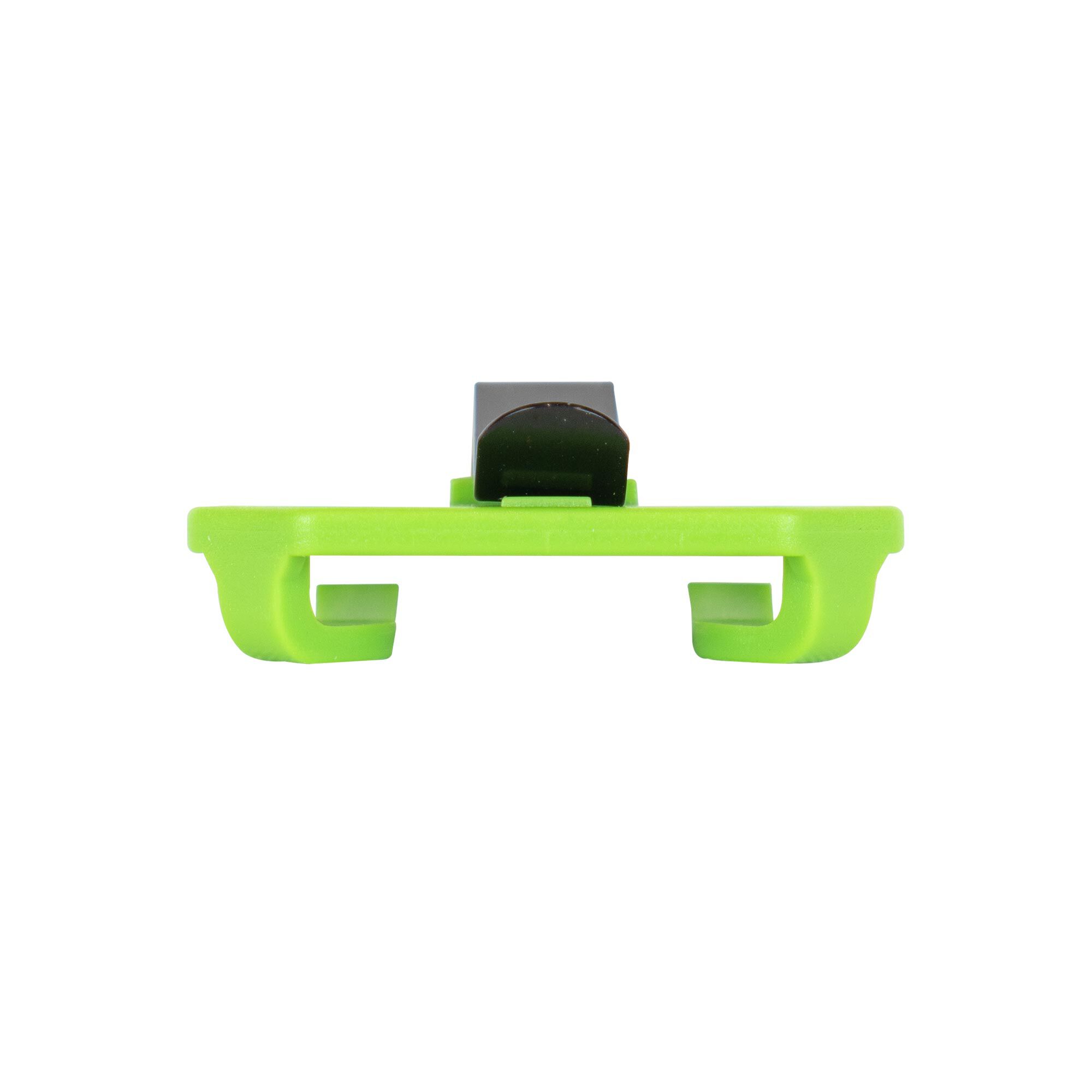 Bright green clip with a dark top clasp and two curved bottom hooks.