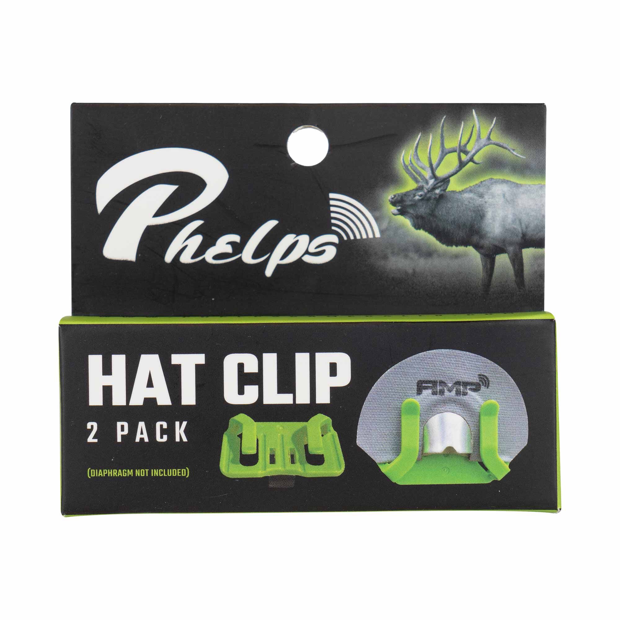 Phelps 2-pack neon green hat clips on black packaging with an elk graphic.