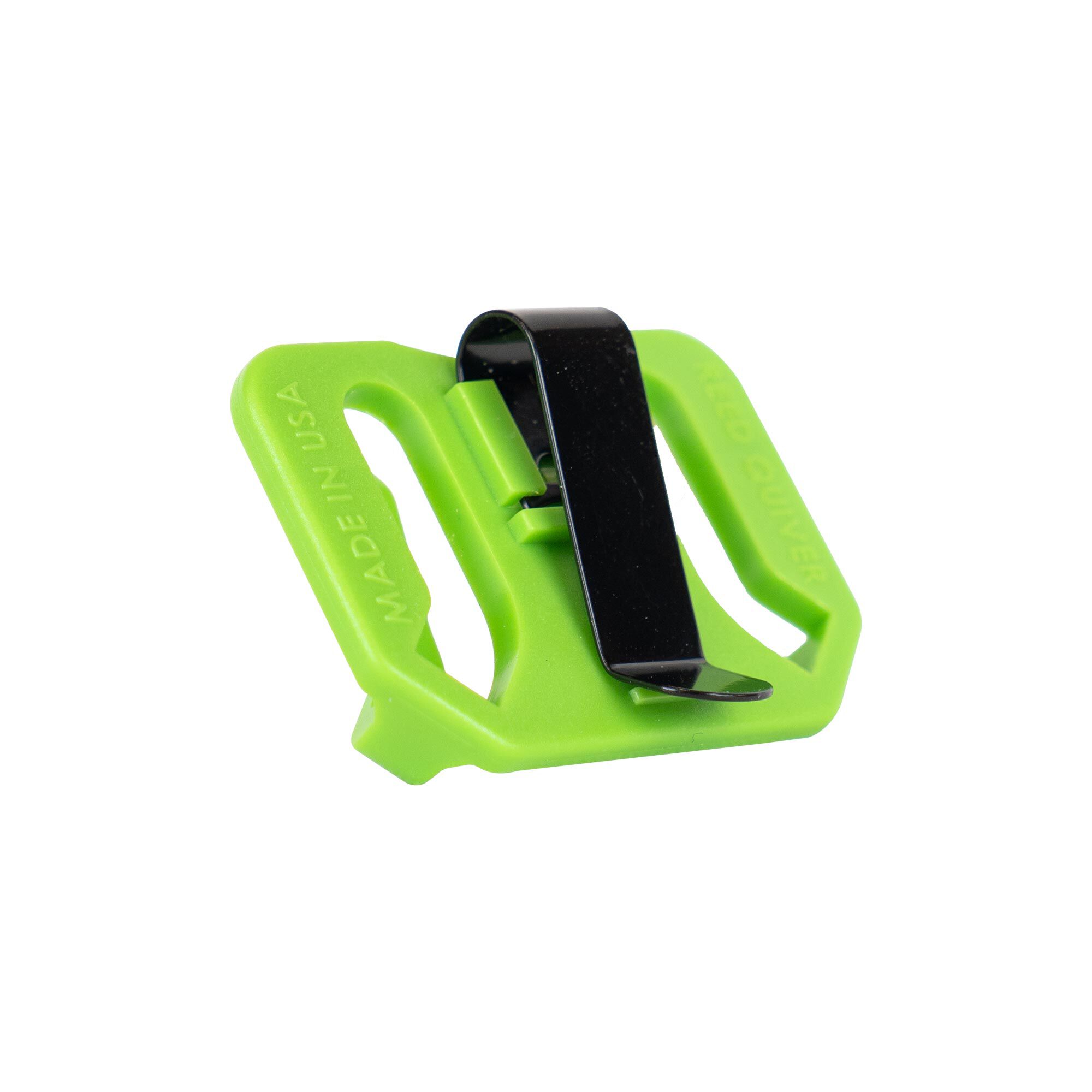 Lime green  gear clip with black clip. "Made in USA" molded text.