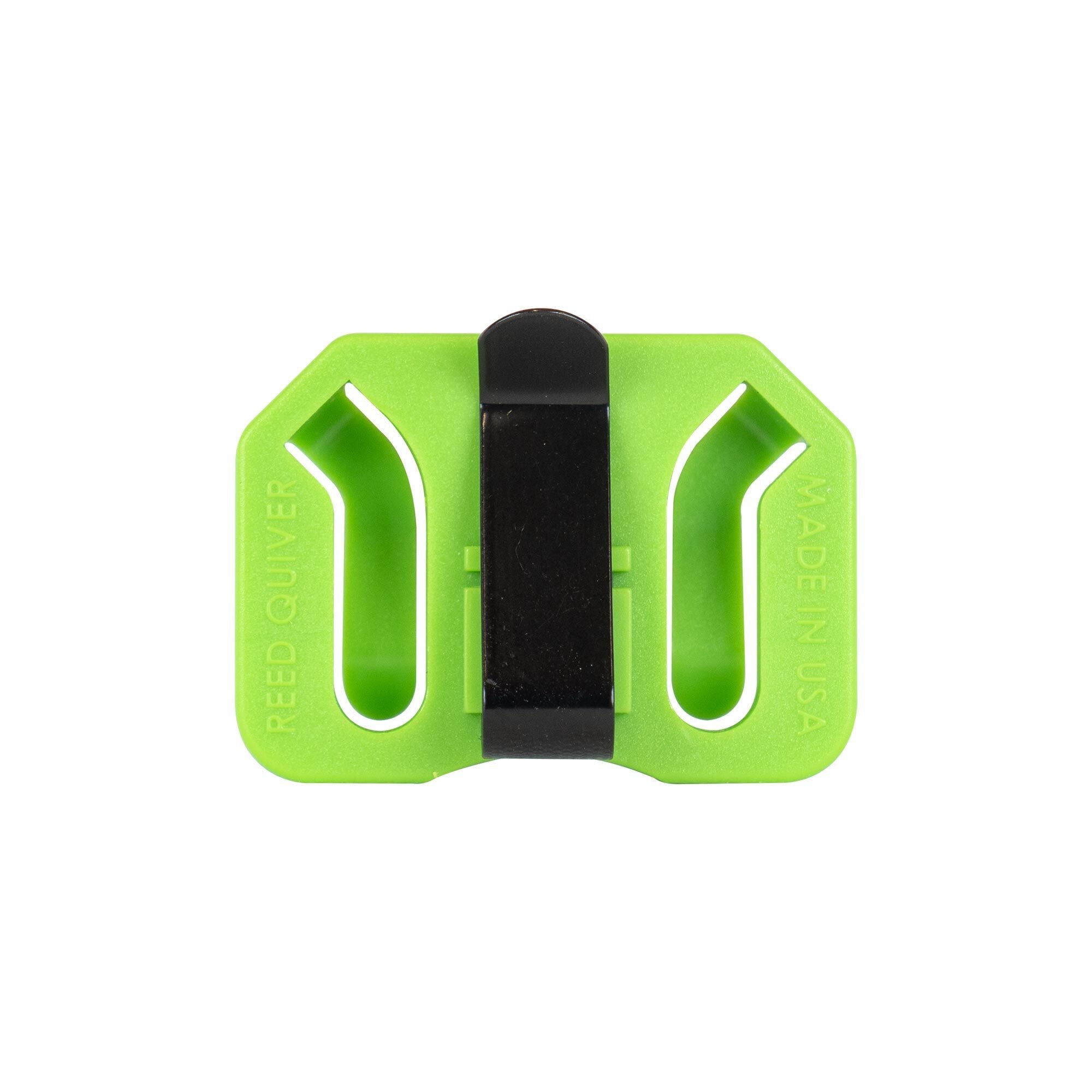 Green rectangular reed quiver with two slots, black center clip, and 'REED QUIVER', 'MADE IN USA' text.