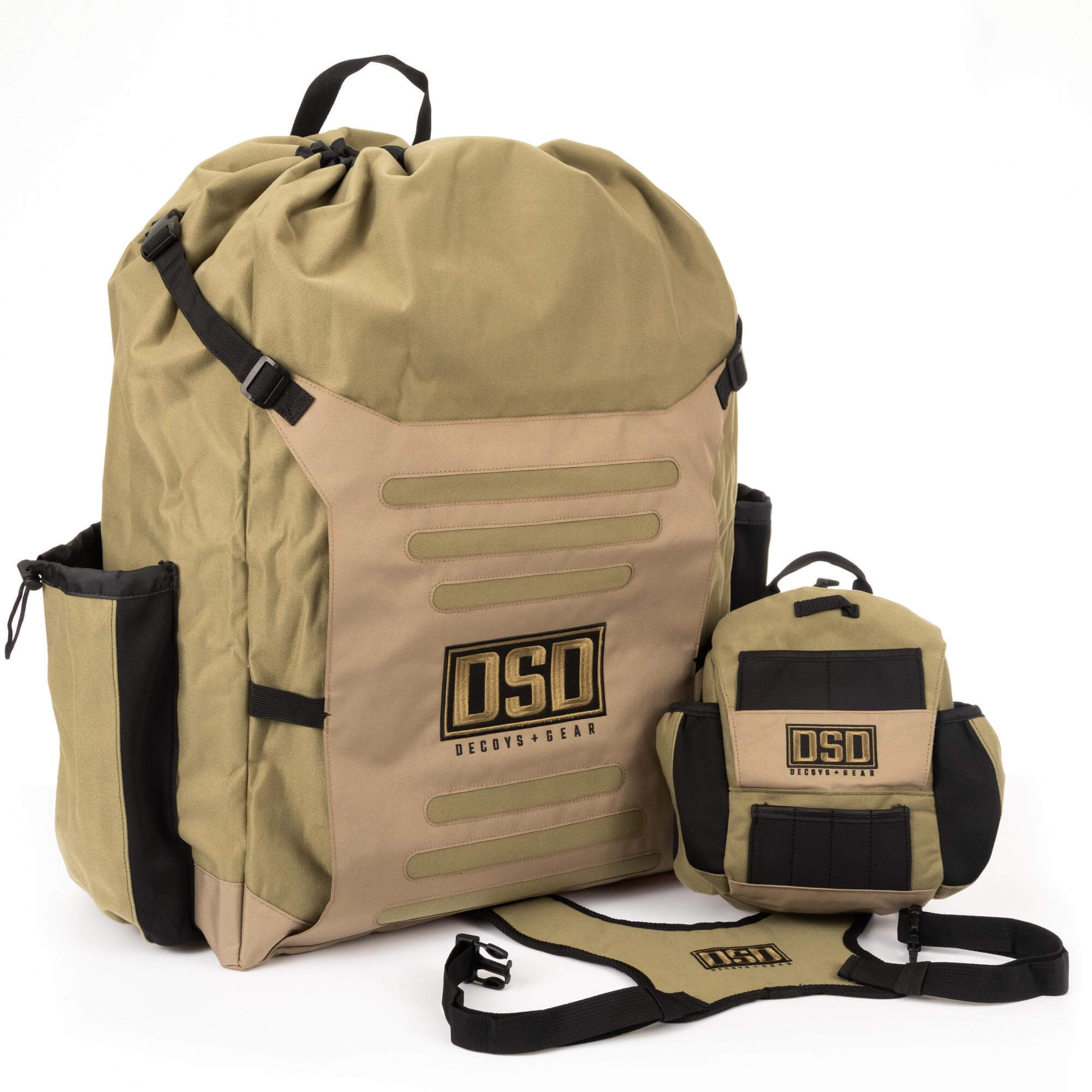 Olive and tan DSD gear set: large drawstring bag & smaller accessory pack.