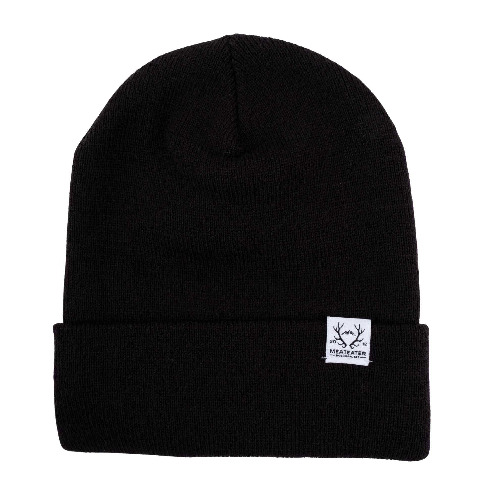 Black beanie with white label depicting '2012 MEATEATER Bozeman, ME' and a pair of deer antlers.