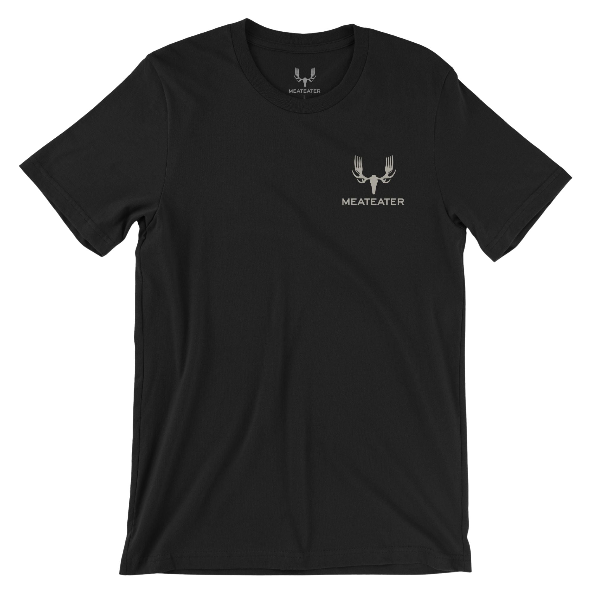 Black t-shirt with white deer skull-forks logo and 'MEATEATER' text on chest.
