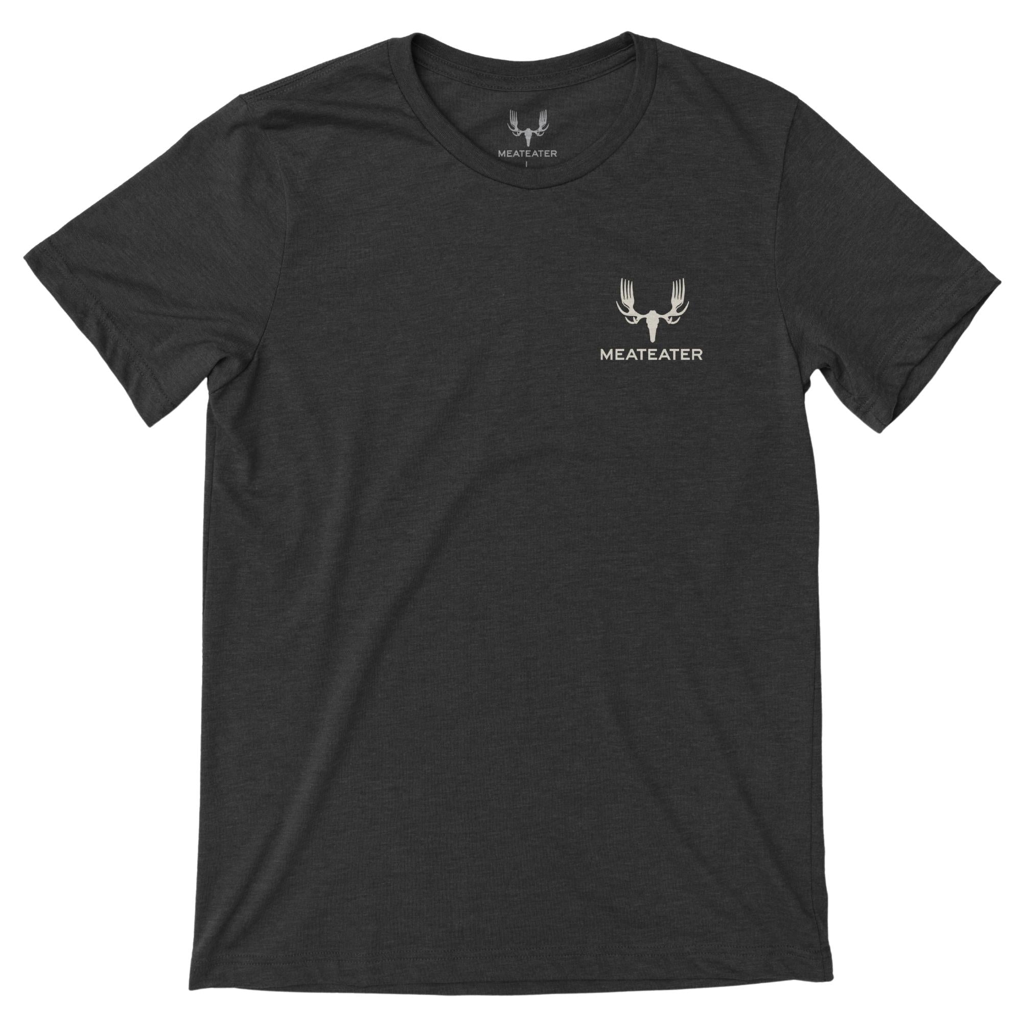 Charcoal heather t-shirt with white deer skull-forks logo and 'MEATEATER' text on chest.